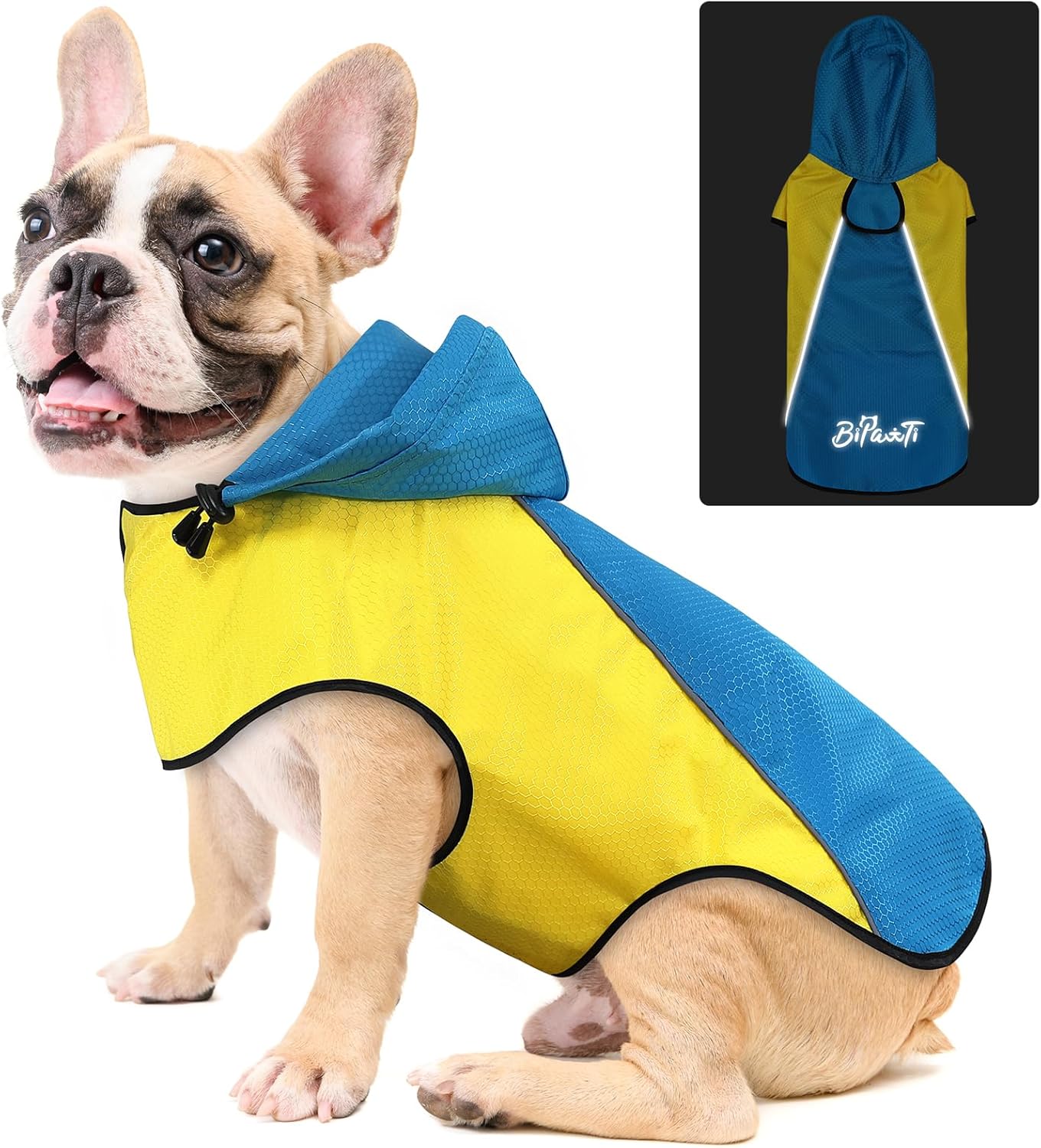 BiPawTi Dog Rain Jackets for Medium Dogs, Lightweight Reflective Safety Pet Rain Jacket, Waterproof Dog Raincoat with Hood/Leash Hole/Reflective Strip – Yellow + Blue, M