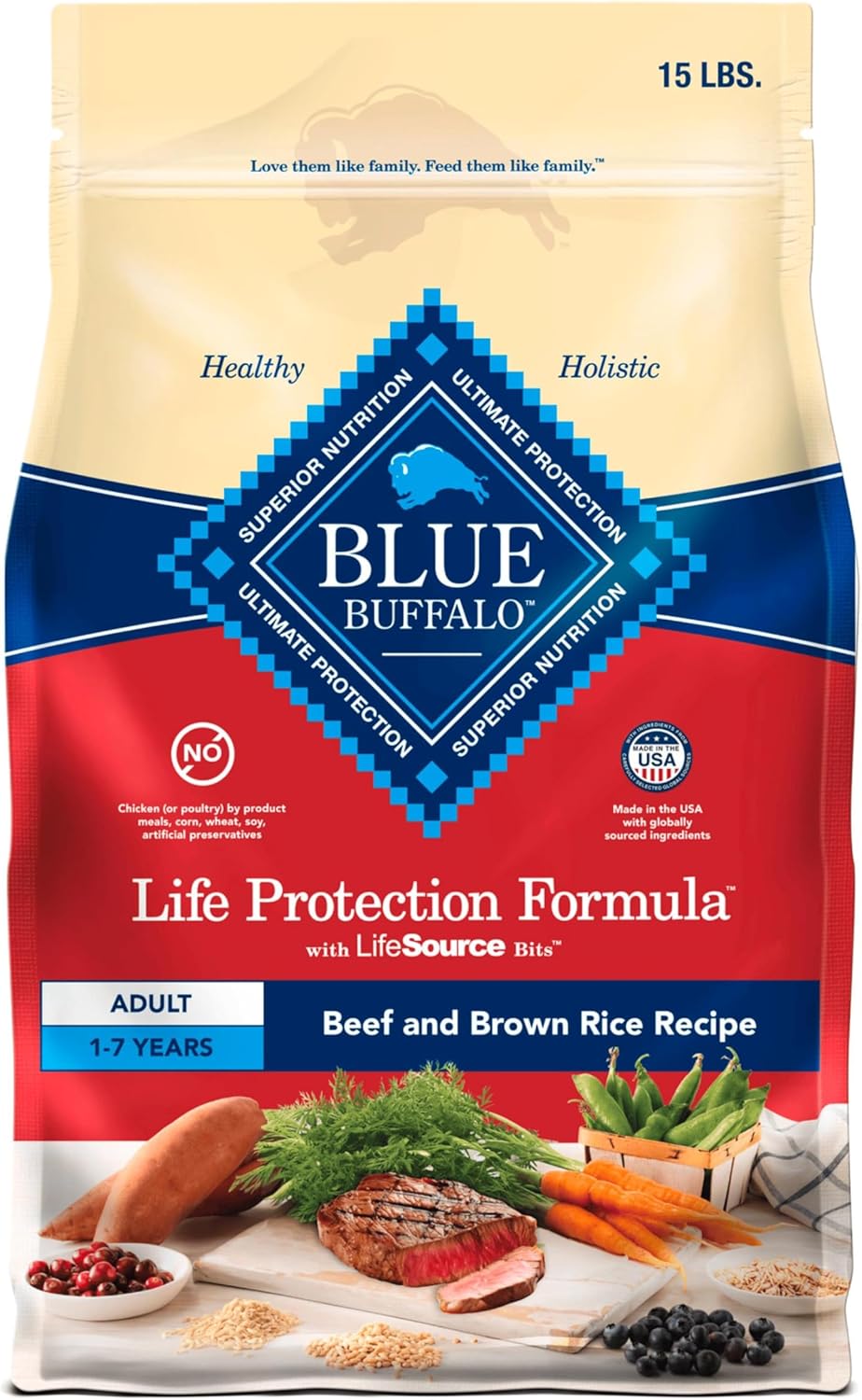 Blue Buffalo Life Protection Formula Adult Dry Dog Food, Helps Build and Maintain Strong Muscles, Made with Natural Ingredients, Beef & Brown Rice Recipe, 15-lb. Bag