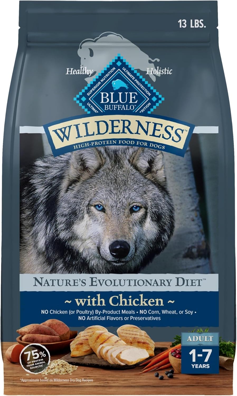 Blue Buffalo Wilderness Natural High-Protein Dry Food for Adult Dogs, Chicken Recipe, 13-lb. Bag
