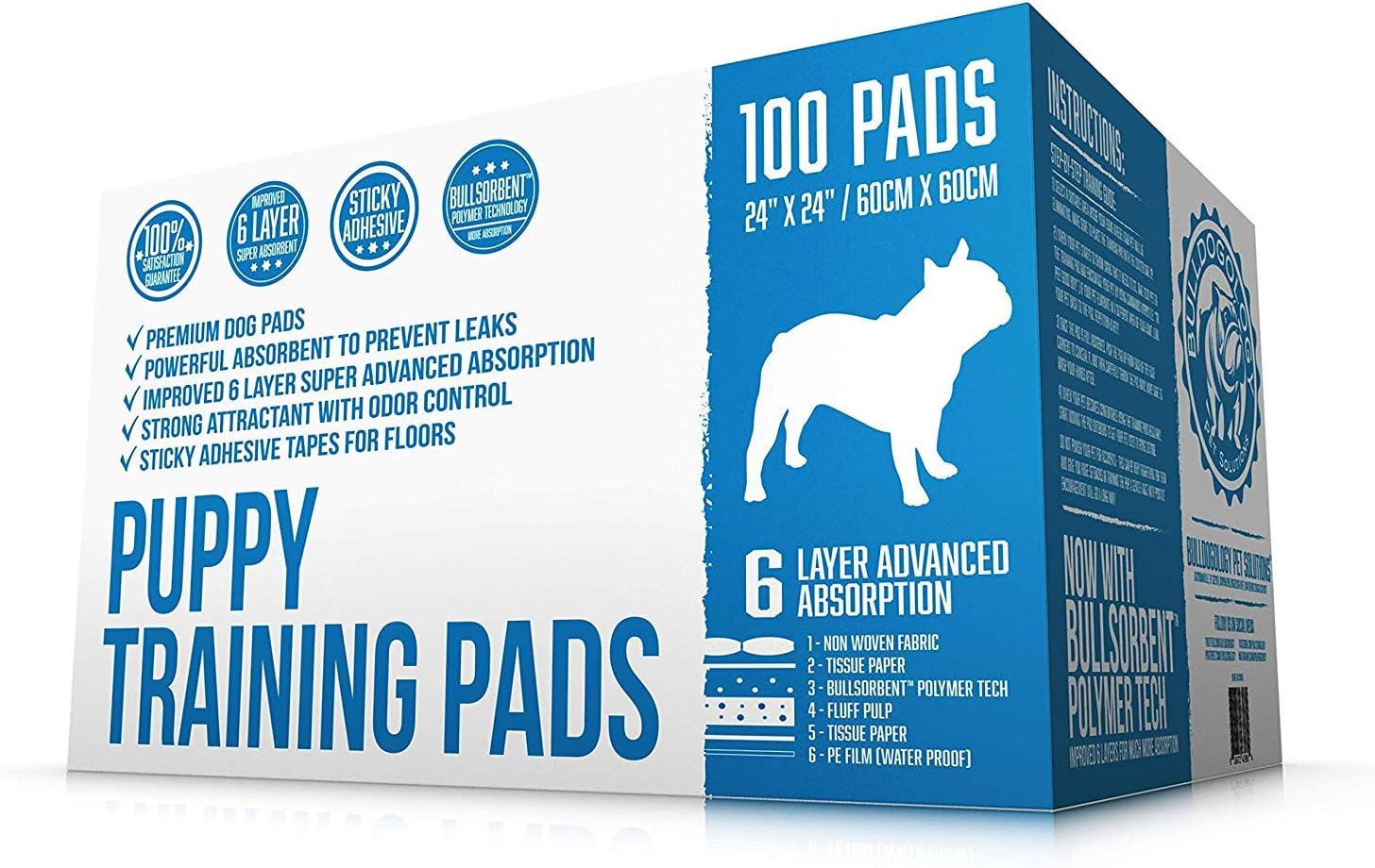Bulldogology Puppy Training Pads – Pee Pads with Adhesive Sticky Tape (24×24) Large Dog Training Wee Pads with 6 Layer Extra Quick Dry Bullsorbent Polymer Tech (100-Count, White)