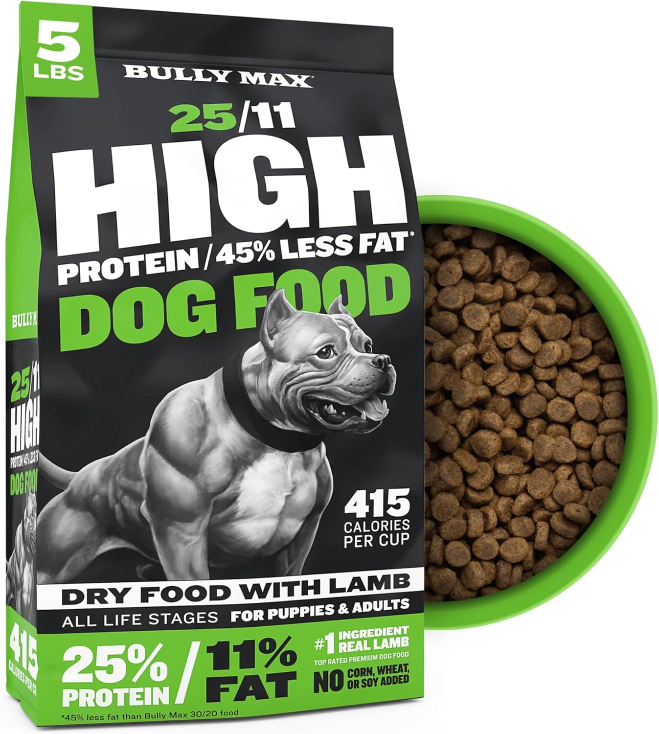 Bully Max 25/11 High Protein & Low Fat Dry Lamb Dog Food for Puppies and Adult Dogs – Chicken-Free Lamb Flavor – Natural Puppy Food for All Ages, Small and Large Breeds – Large Kibble Size, 5 lb. Bag