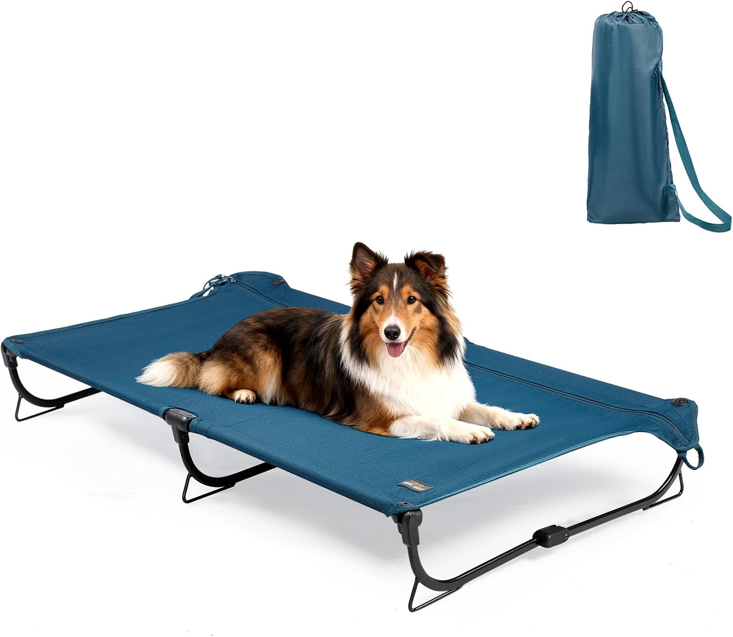 CANINE CANYON Folding Raised Dog Cot, Large Outdoor Elevated Dog Bed, Cooling Chew Proof Pet Cots Bed, Portable, Heavy Duty Up to 160 lbs, Pet Cot for Camping, Home, Dark Blue, 43″x27″x7″