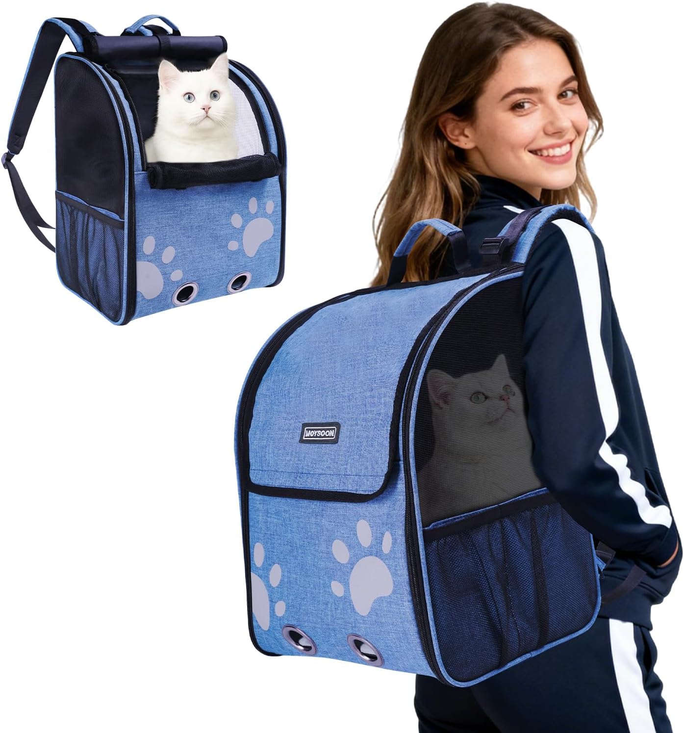 Cat Backpack Carrier, Ventilated Cat Backpack with Reflective Strips, Foldable Cat Carrying Backpack for Kitty Small Dog up to 15lbs (Blue)