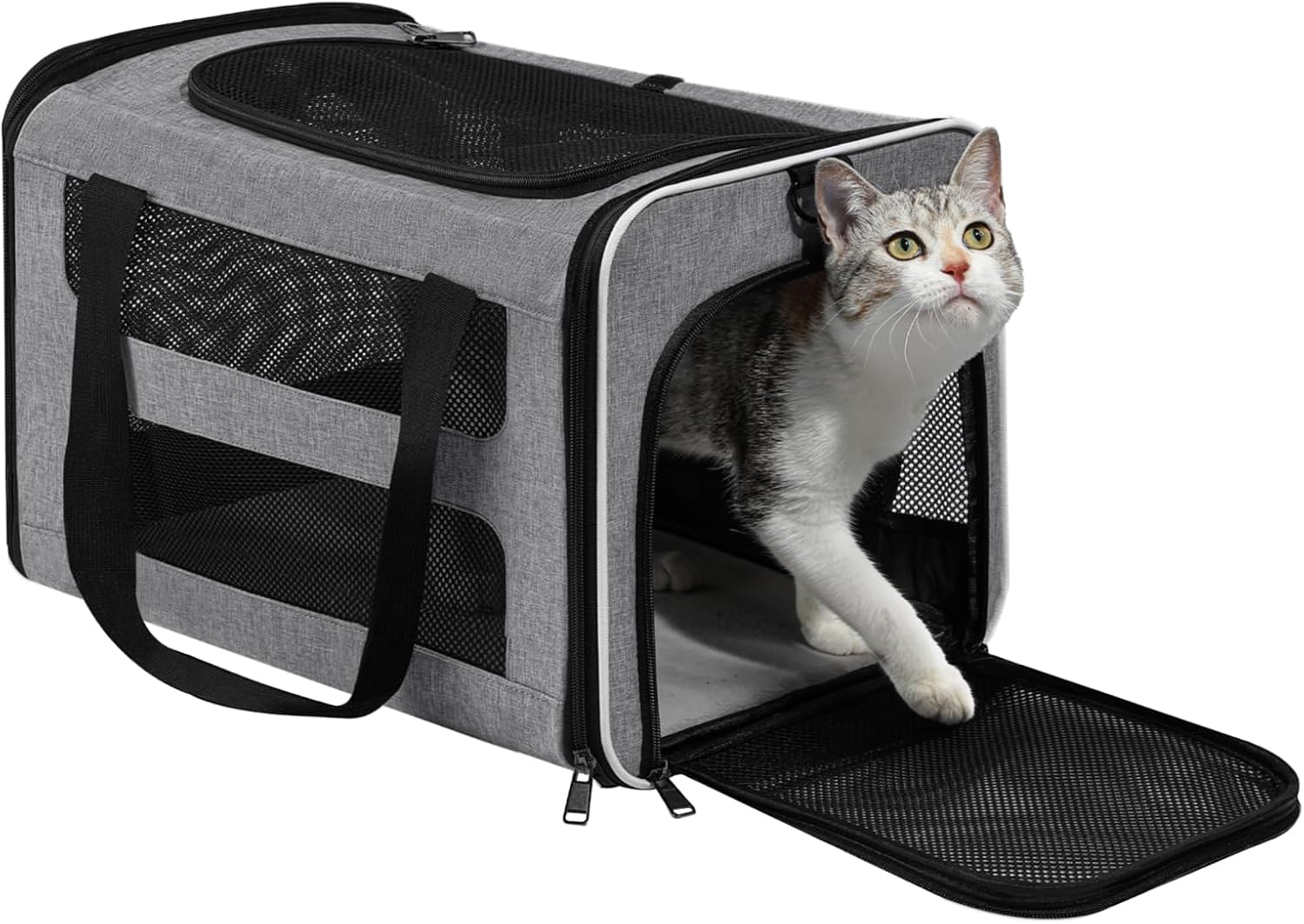 Cat Carrier Soft-Sided Travel Bag for Medium to Large Cats Over 15lbs, Small Dog Carrier Crate Top Entry Breathable Mesh Puppy 12 Pounds, Pet Rabbit Carrying Cage Kennel Collapsible Grey