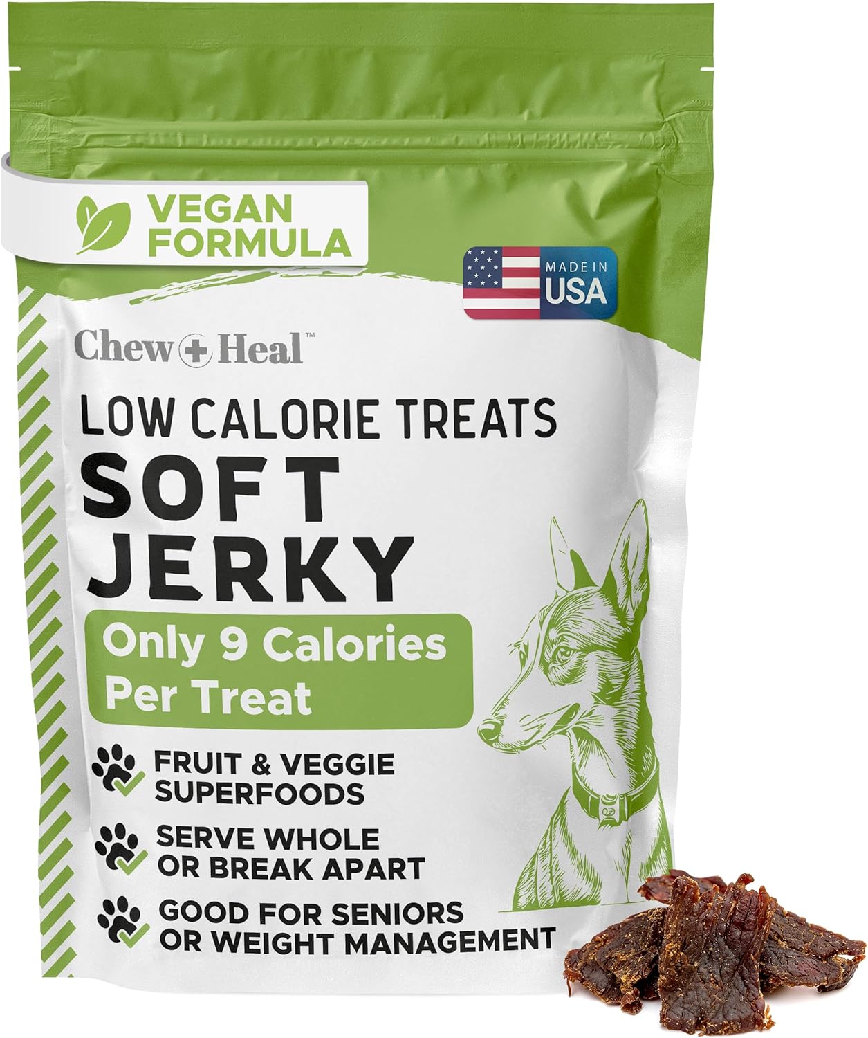 Chew + Heal Labs Low Calorie Dog Jerky Treats – 5 oz of Vegan Plant Based Natural Dog Treats with Chia Seeds, Fruits, and Vegetables – Good for Weight Management – Made in the USA