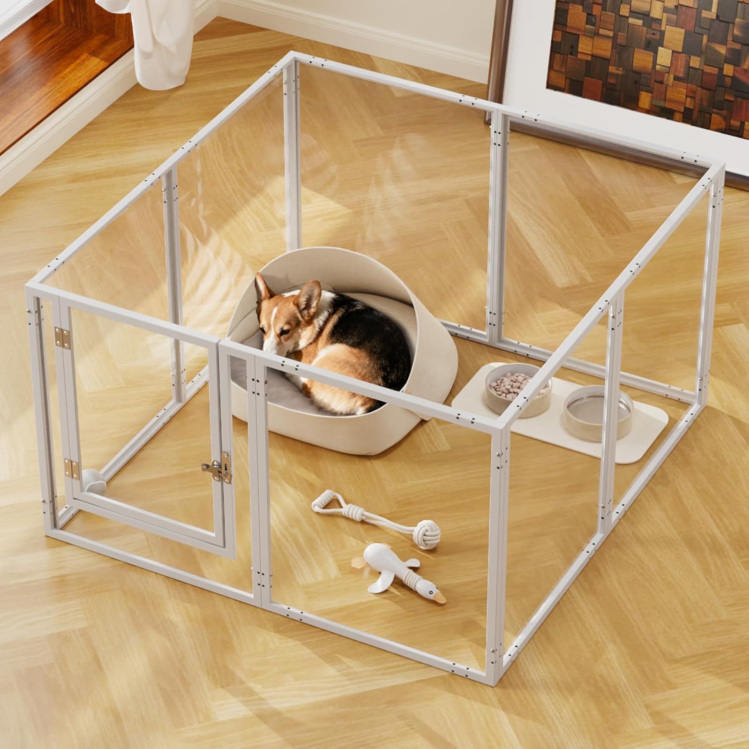 Clear Acrylic Dog Play Pen Indoor – 39 Inch 8-Panel Pet Enclosure for Small Dogs & Cats, Outdoor Use with Door, Easy Assemble & Cleaning