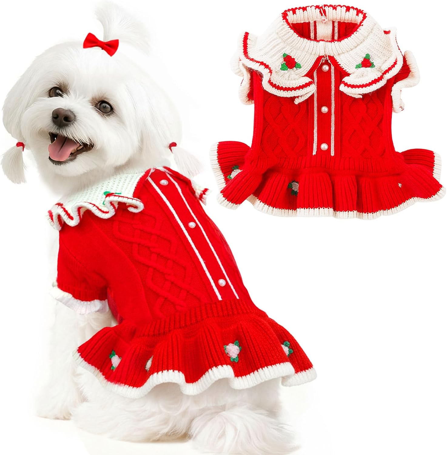 Cute Small Dog Sweaters Dress for Girls Red Dog Christmas Sweater Puppy Xmas Outfits Fall Winter Female Pet Clothes for Cold Weather Doggie Costumes Knitwear Chihuahua Shih tzu Teacup(Red,XL)