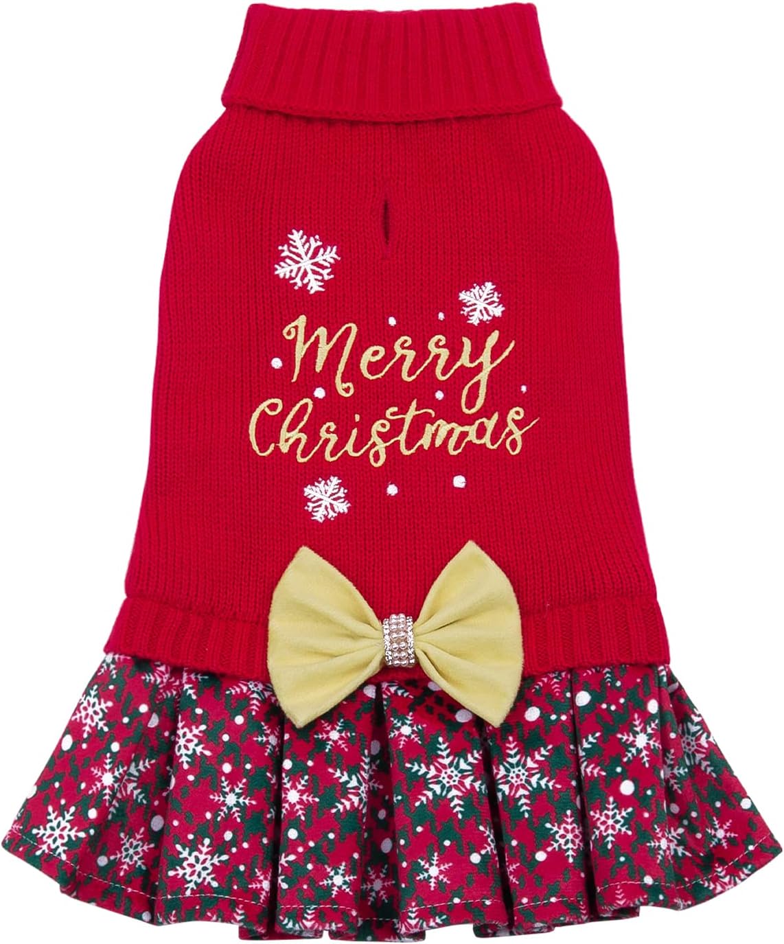 CuteBone Christmas Dog Sweater Dress Turtleneck Puppy Sweater with Bowtie Leash Hole Pullover Winter Dress for Small Dogs