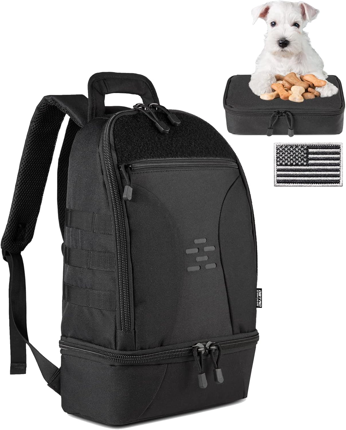 DBTAC Tactical Pet Backpack for Small Dogs & Cats – Compact Travel Bag with Insulated Pocket & 1x Detachable Food Container Included | Outdoor Hiking, Road Trip, Airplane Approved (Black)
