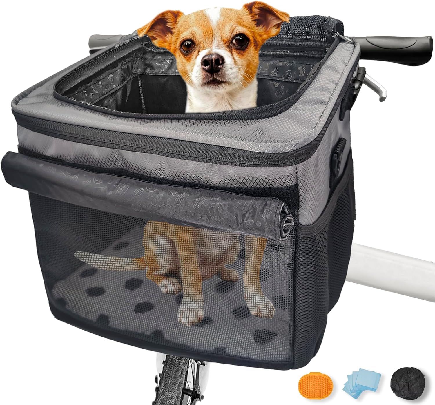 Dog Bike Basket,Cat Backpack Carrier,Dog Bike Carrier Hard,Pet Car Seat with Extended Single Shoulder Strap,Pet Shoulder Bag with Pet Bath Brush，Disposable Pee Pads 5pcs,Gray