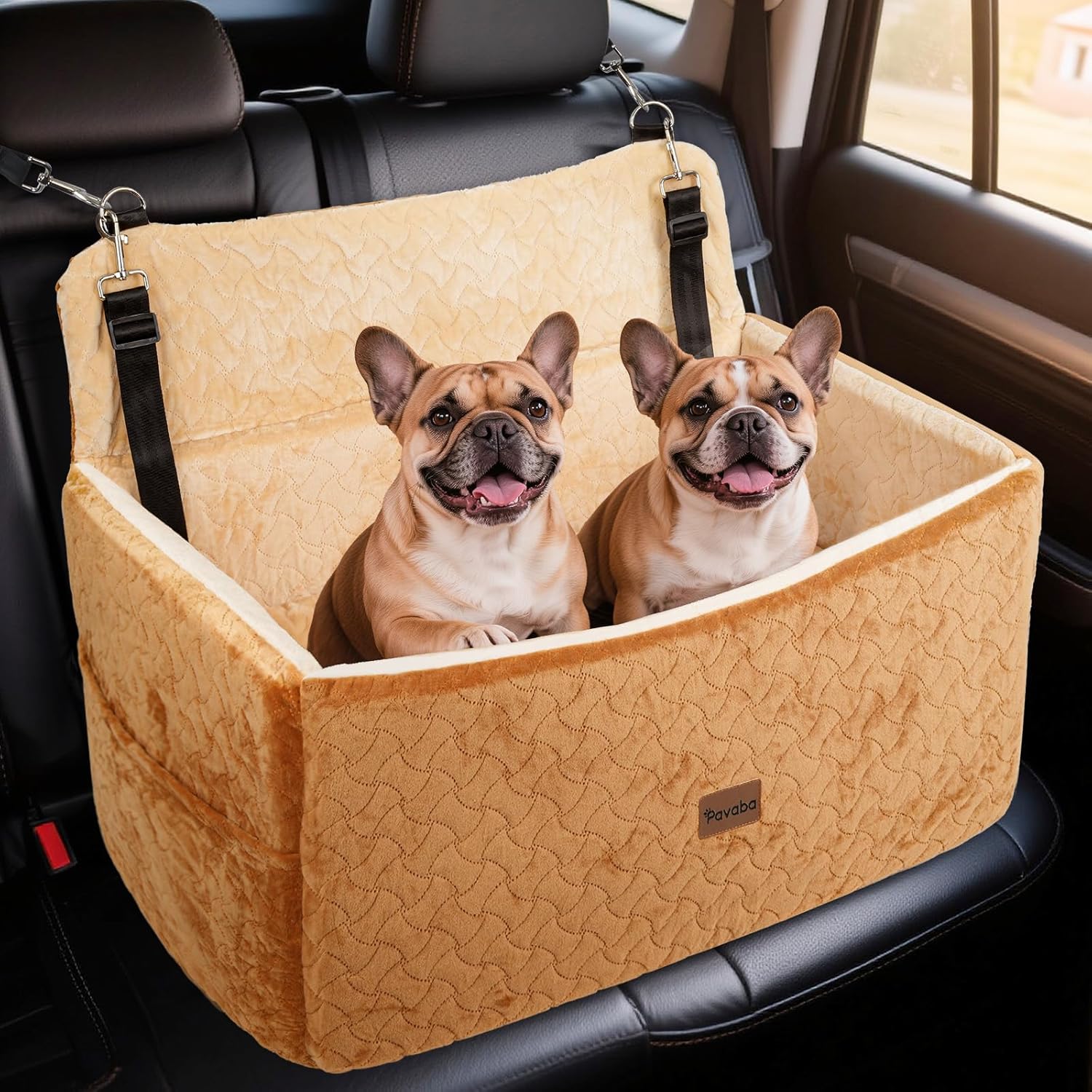 Dog Car Seat for Large Medium Dogs up to 60 lbs – Elevated Dog Booster Seat for Cars with Extra-Safe 14in High Front, Memory Foam Cushion, Washable Cover, Backseat Pet Car Bed (Brown)