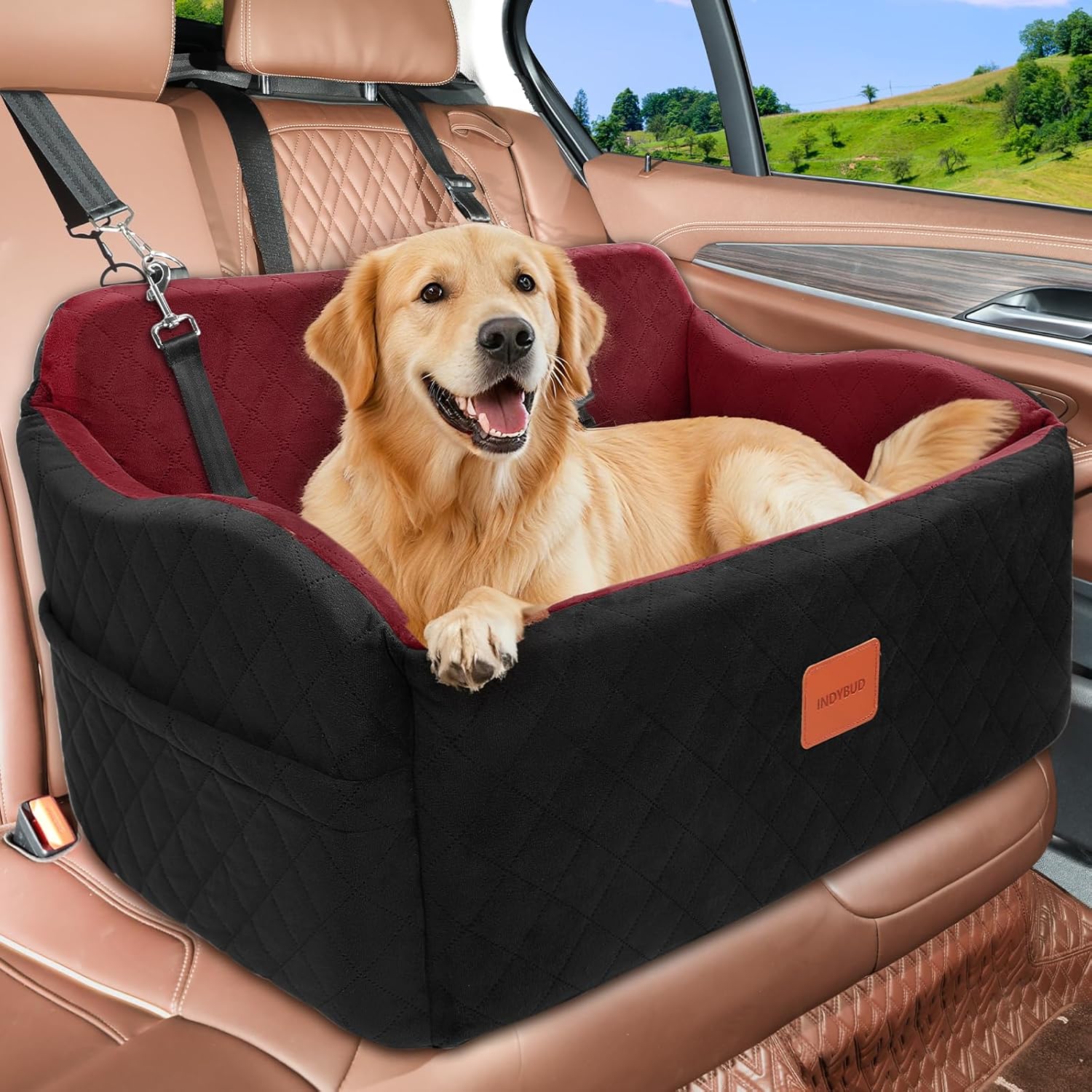 Dog Car Seat for Medium/Large Dogs, Memory Foam Pet Booster Seat for Under 55 lbs or 2 Small Dogs, Detachable Dog Car Bed for Backseat with 2 Safety Leashes and Pockets (Black/Red, Large)