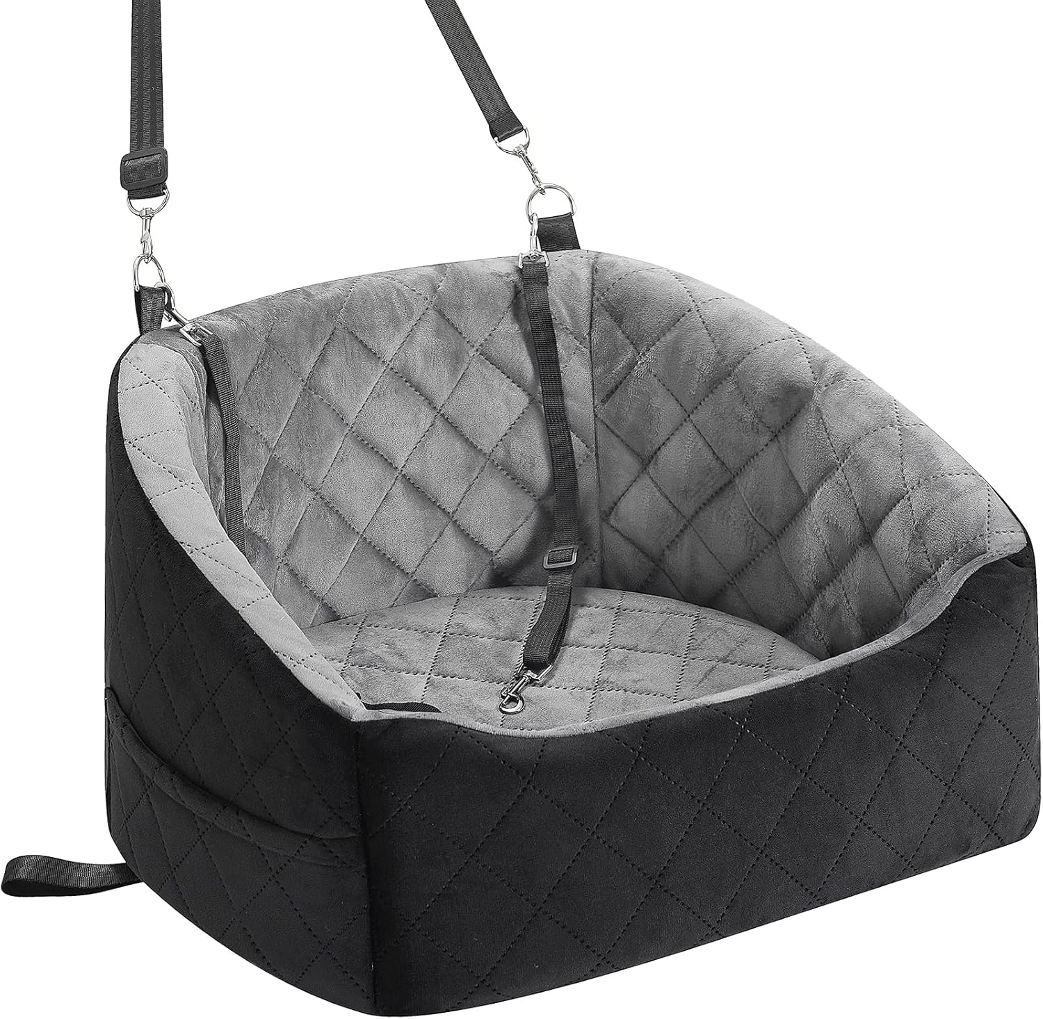 Dog Car Seat for Small Dogs Up to 30 Lbs, Pet Travel Safety Bed for Puppy Cat, Fits in Front/Back Seat, Anti Slip Base, Fully Detachable Washable with 2 Safety Tether(Grey-Black)
