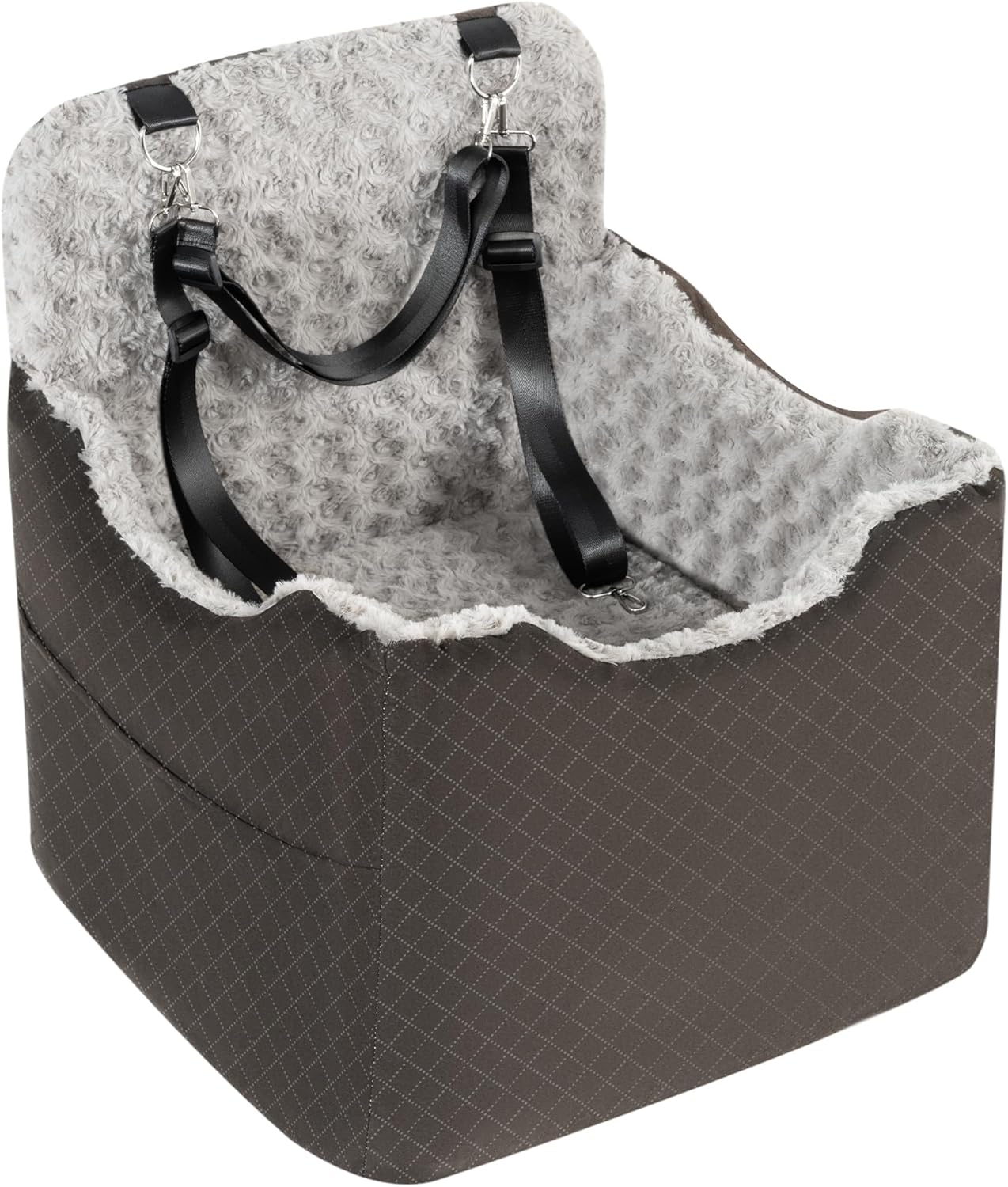 Dog Car Seat for Small Medium Dogs – 6.7inch Elevated Dog Booster Car Seats wih Soft Rose Velvet, Washable Travel Pet Carseat with 2 Safety Leashes and Storage Pockets(Grey/Black Coffee)