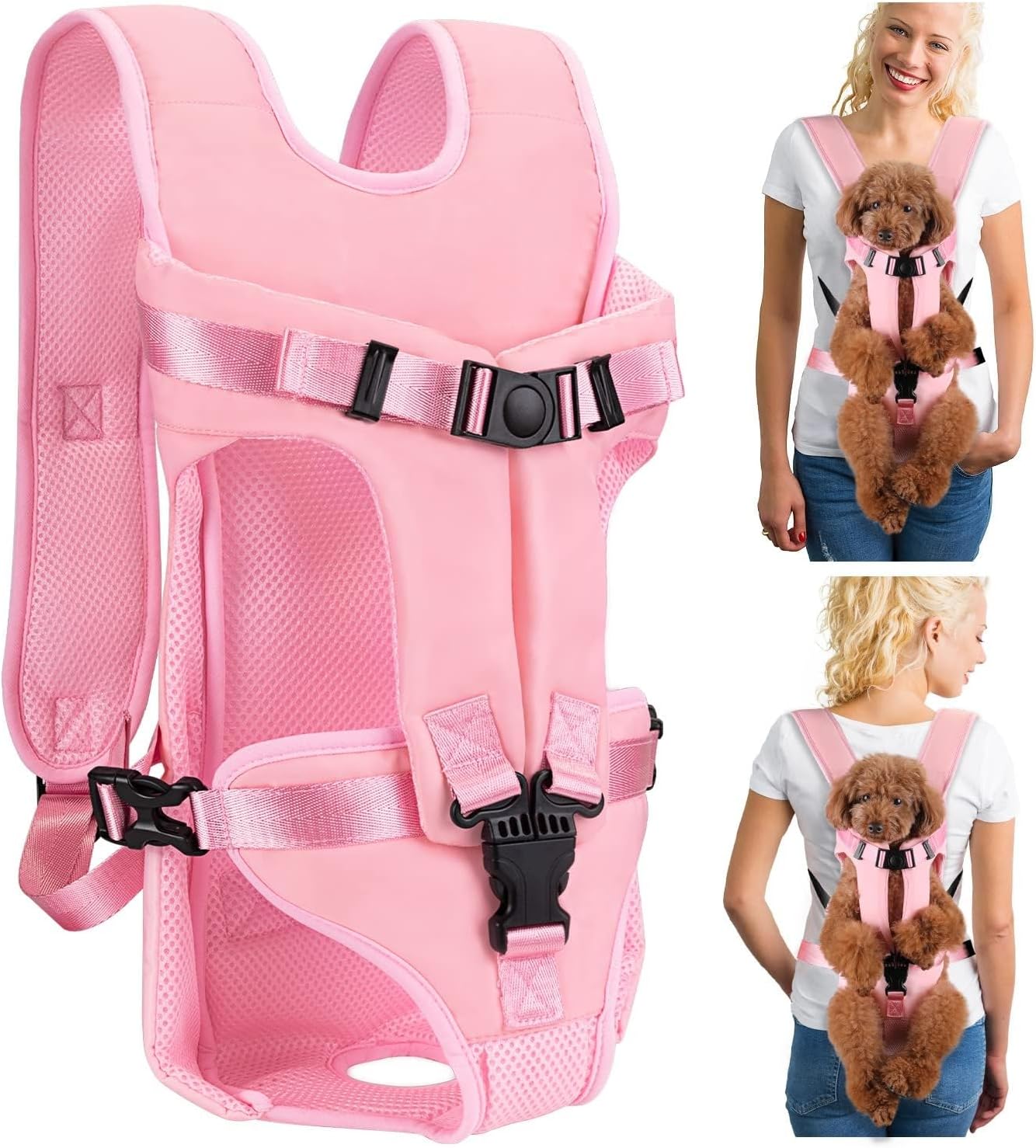 Dog Carrier Backpacks, Adjustable Dog Backpack Carrier, Legs Out Easy-fit Dog Chest Carrier for Medium Small Dogs, Hands Free Dog Front Carrier for Hiking, Cycling（Pink S）