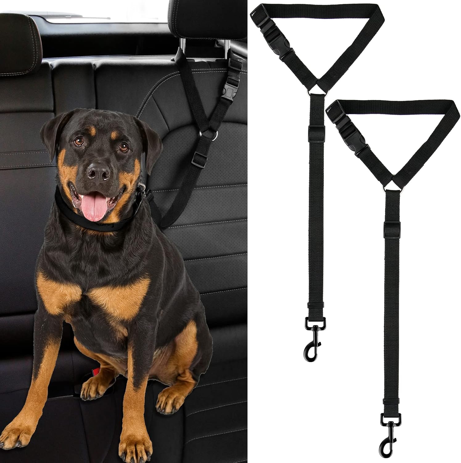 Dog Cat Safety Seat Belt Strap Car Headrest Restraint Adjustable Nylon Fabric Dog Restraints Vehicle Seatbelts Harness (Black)