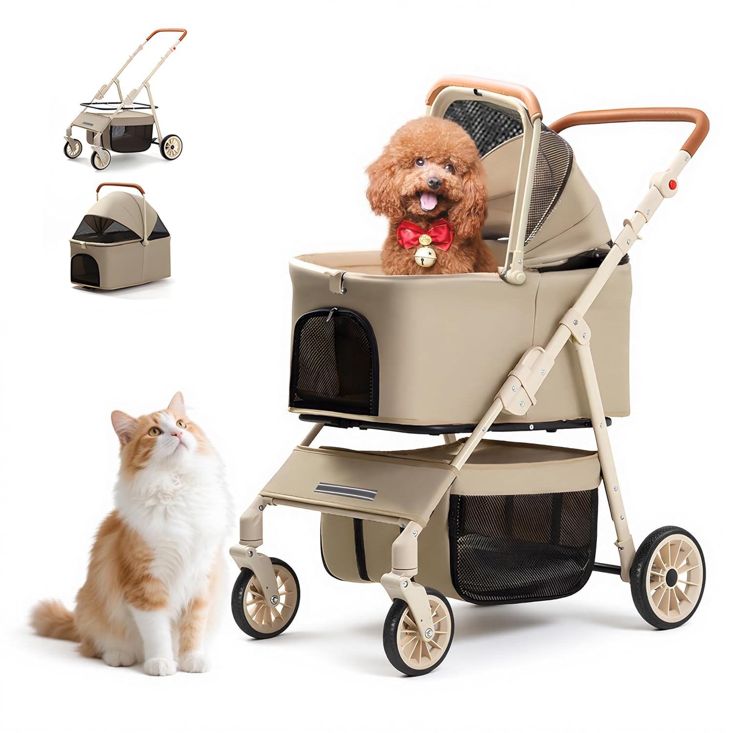 Dog Cat Stroller for Small & Medium Pets up to 55 Lbs, Foldable Pet Stroller with Detachable Carrier, 4 Swivel Wheels, Adjustable Height and Canopy, Lightweight Strollers for Outdoor
