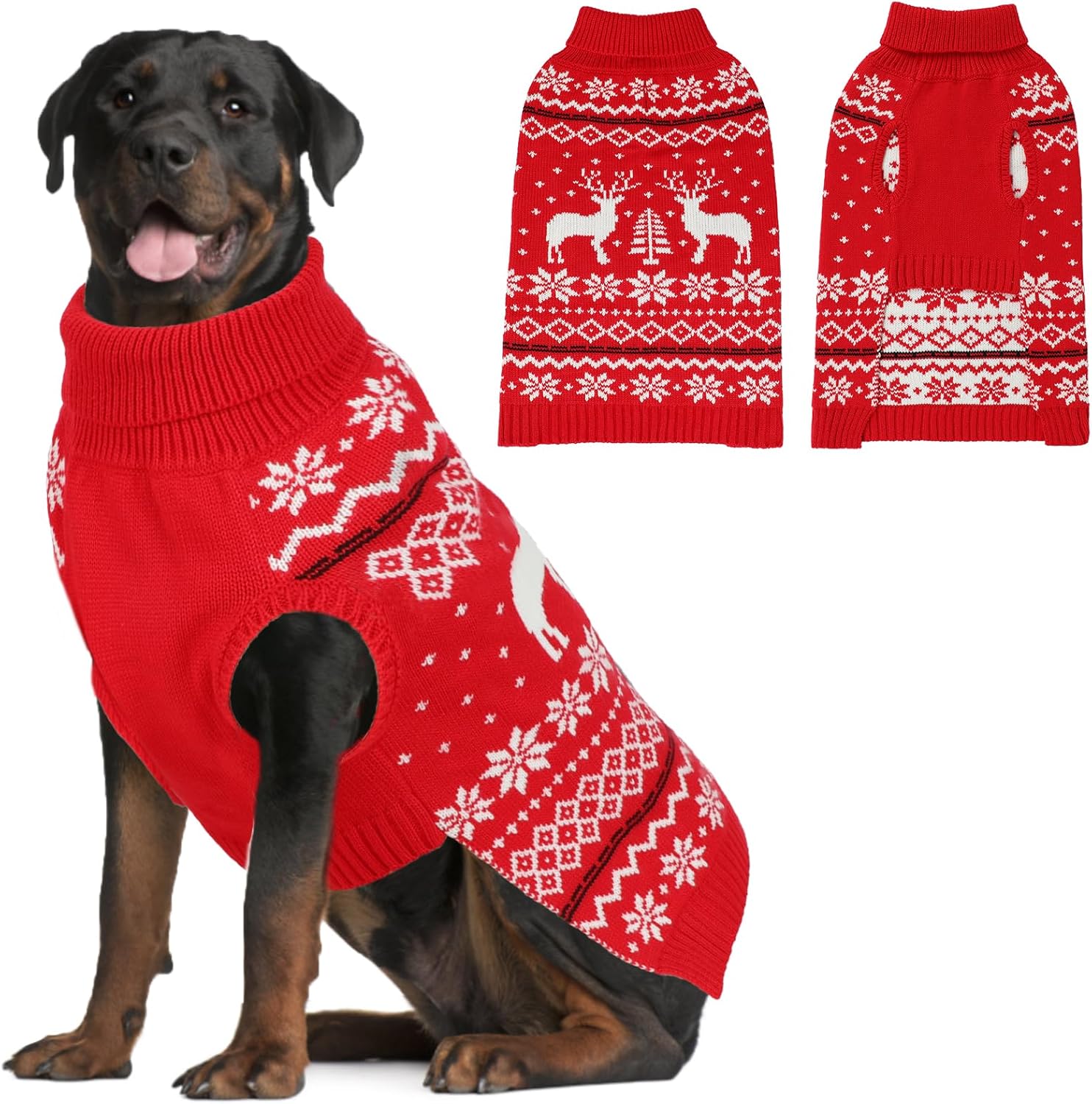 Dog Christmas Sweater for Cold Weather, Soft and Warm Dog Winter Sweater Turtleneck Pullover Knitted Christmas Tree Reindeers Snowflakes Pattern Puppy Sweaters for Medium and Large Dogs, 2XL