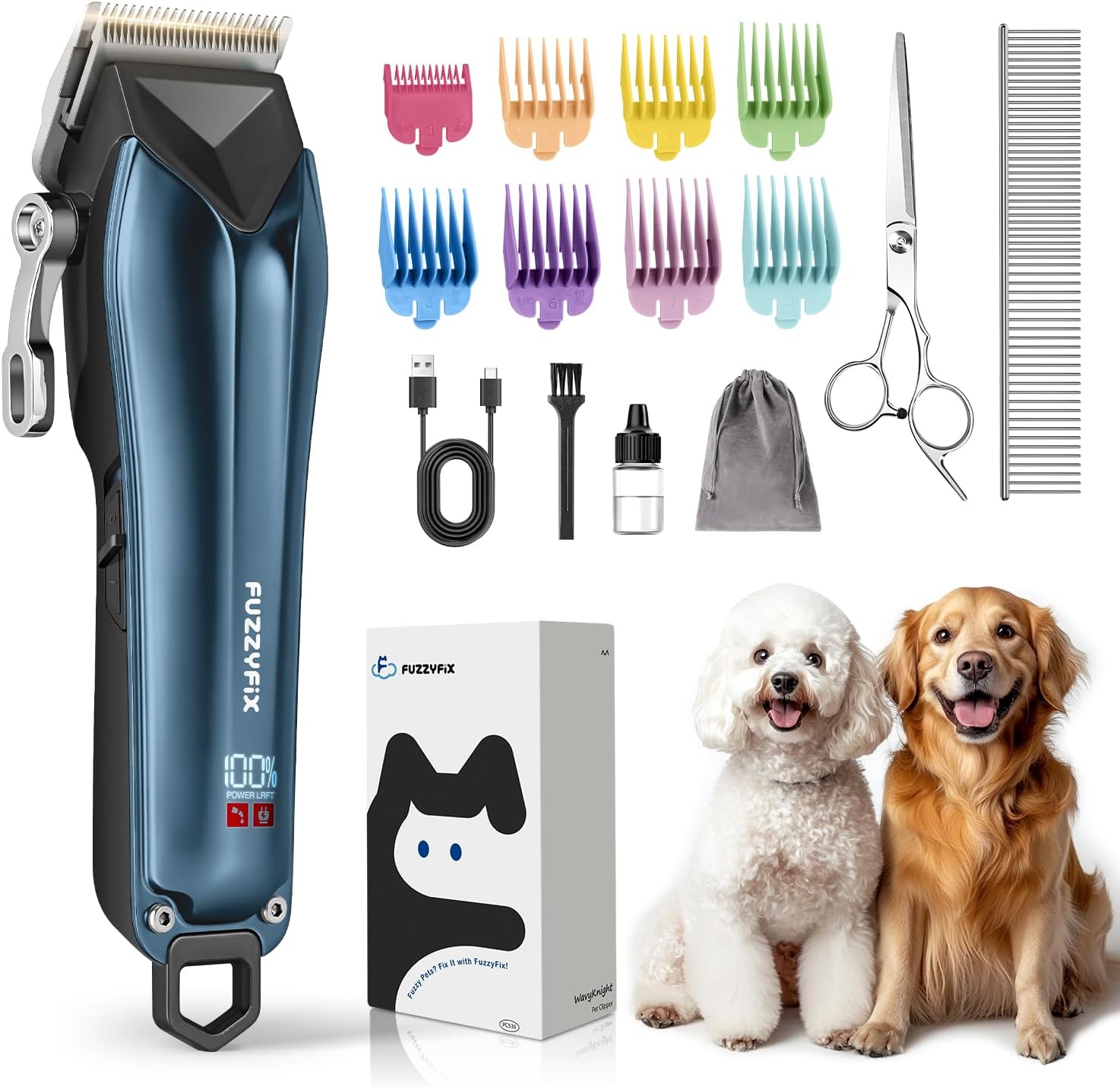 Dog Clippers for Grooming for Thick Coats, Detachable Blade Cordless Rechargeable Professional Pet Grooming Hair Trimmer Shaver Kit with 8 Guide Combs for Dogs Cats Animals