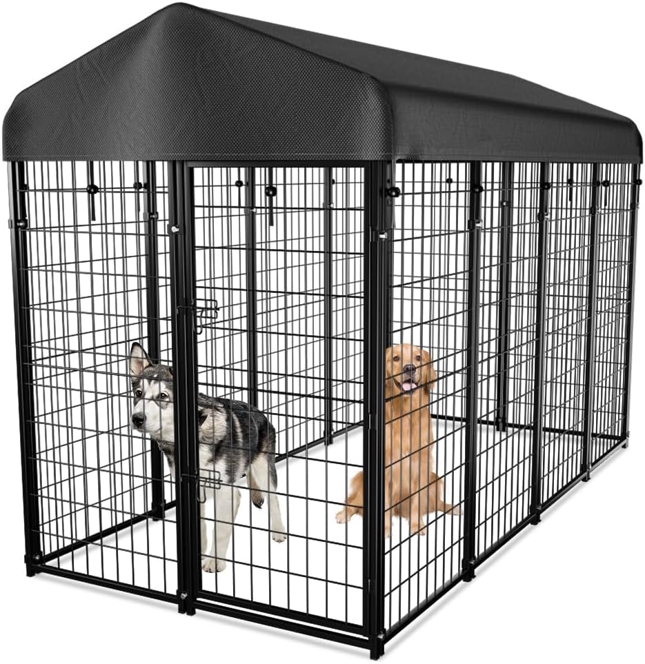 Dog Kennel Outside with Roof, 8’x6’x4′ Outdoor Dog Kennels for Large Dogs, Heavty Duty Welded Dog Crate Playpen with UV-Resistant Waterproof Cover