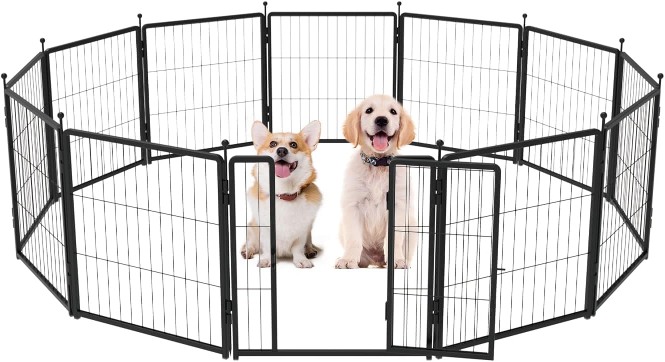 Dog Playpen 24 inch 12 Panels for Indoor & Outdoor Use – Heavy-Duty Metal Pet Fence with Ground Stakes, Rounded Ball Tops for Safety, Stable & Foldable Design, Easy to Assemble