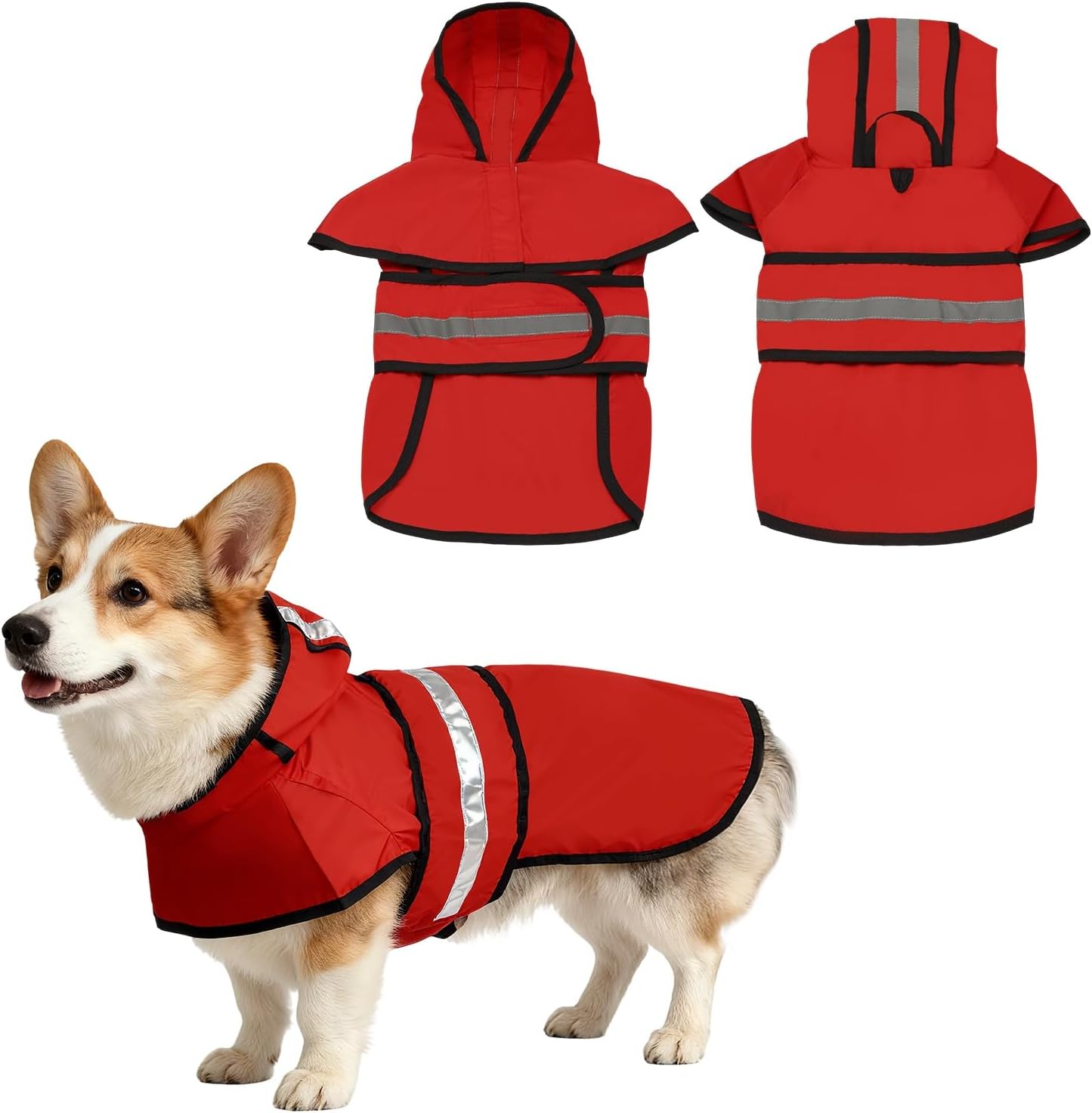 Dog Raincoat, Dog Rain Jacket Waterproof Jacket Reflective Adjustable Hooded Pet Rain Coat with Leash Hole, (Red, XL), Intended for Large Medium Small Puppies