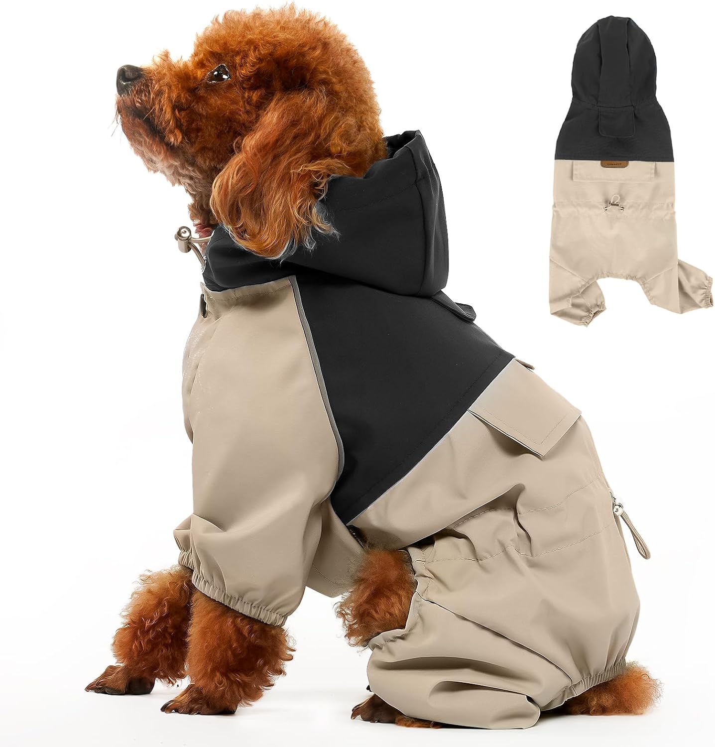 Dog Raincoat, Waterproof Dog Rain Jacket, Adjustable Rain Coat with Leash Hole and Reflective Stripe for Small Medium Dogs, Durable Windproof Puppy Clothes Black-Khaki S