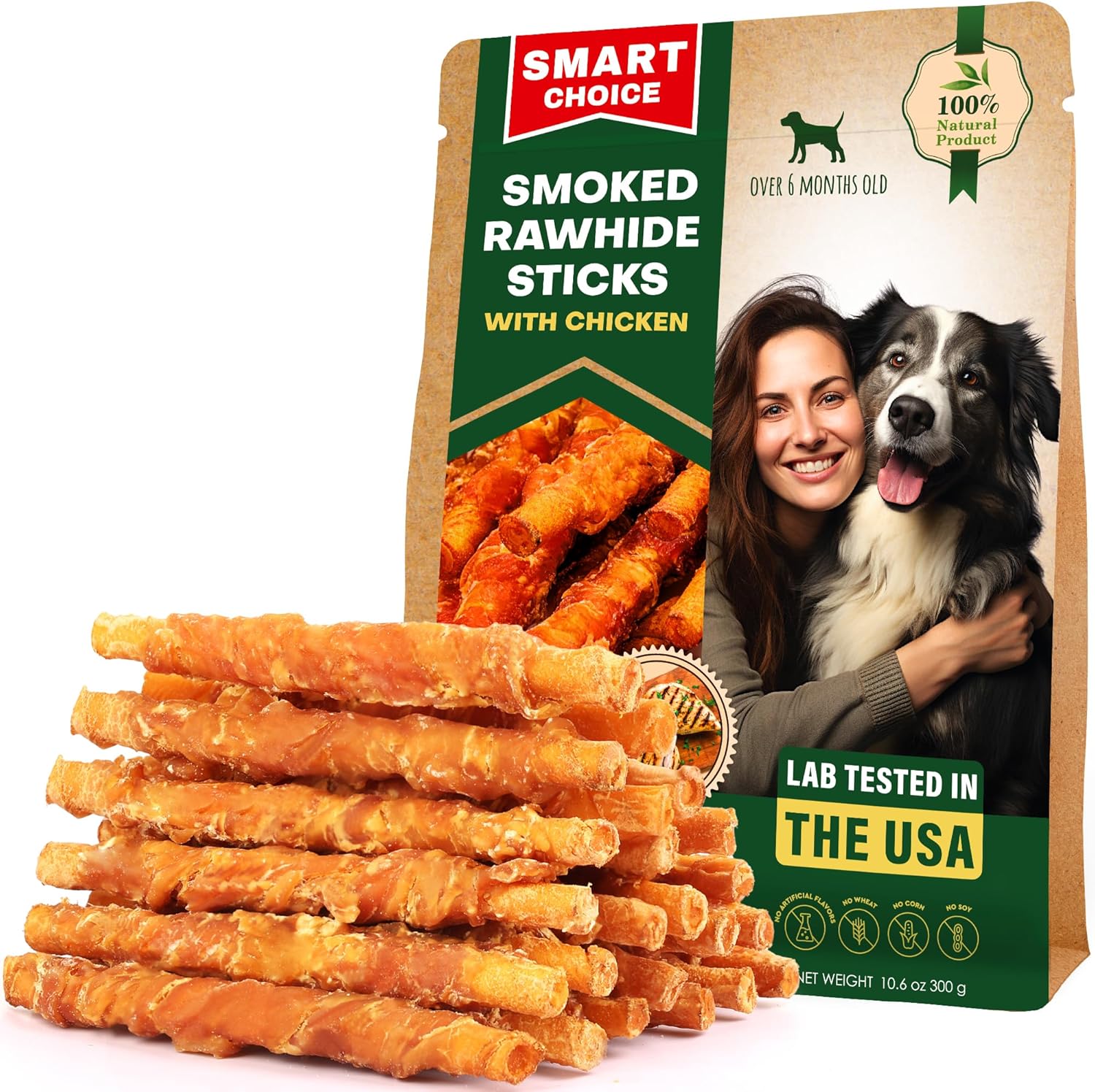 Dog Smoked Rawhide Sticks Wrapped Chicken & Pet Natural Chew Treats – Grain Free Organic Meat & Healthy Human Grade Dried Snacks in Bulk – Best Twists for Training Small & Large Dogs – Made for USA