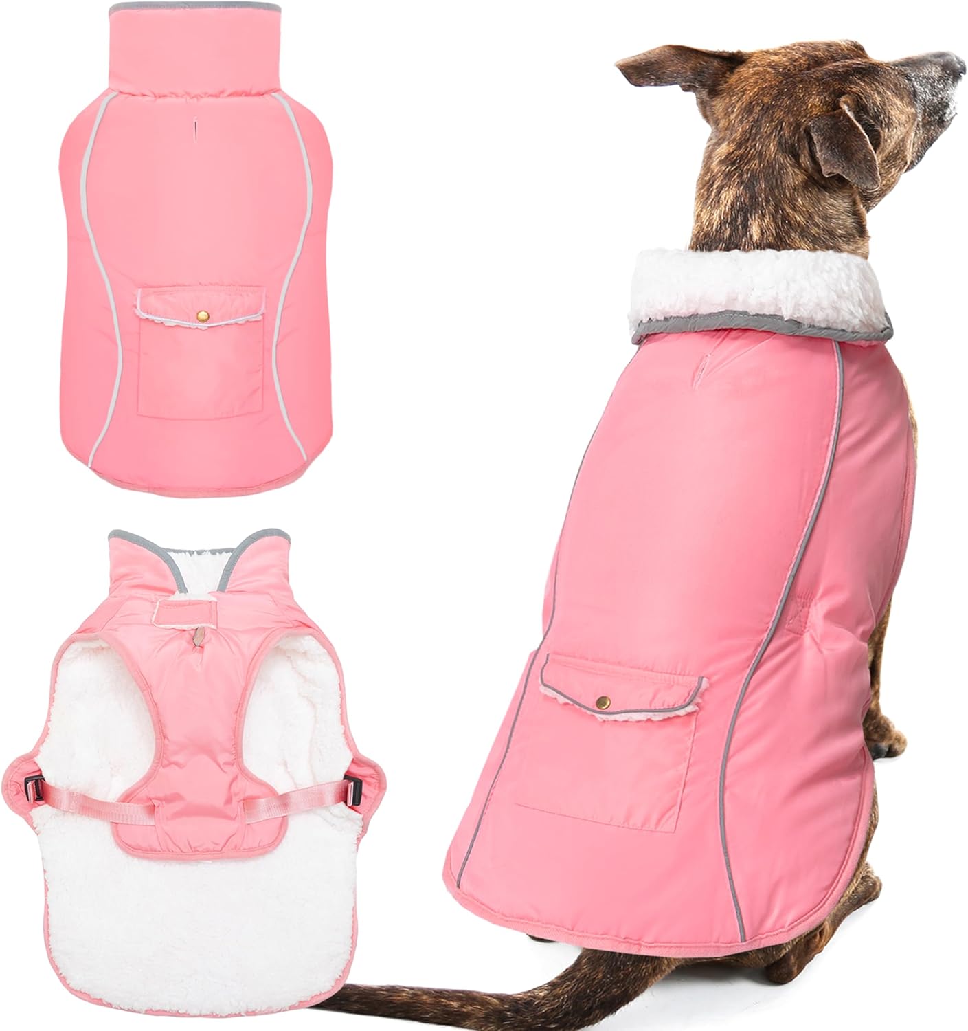 Dog Winter Coat – Warm Dog Clothes for Rain Snow Wind Cold Weather – Reflective Pink Adjustable Waterproof Windproof Pet Vest Jacket with Leash Hole for Small Medium Large Dogs Indoor Outdoor