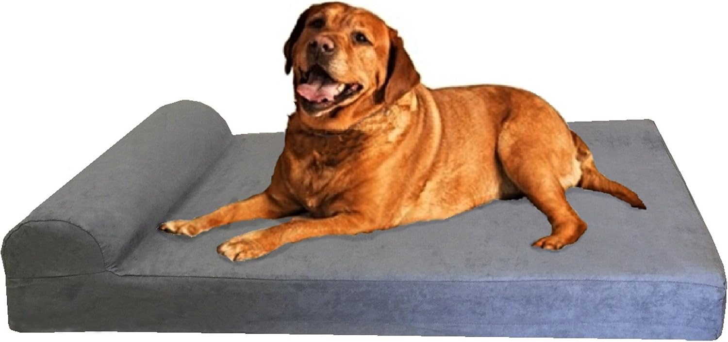 Dogbed4less Premium HeadRest Pillow Orthopedic Cool Memory Foam Dog Bed for Large Dogs, Waterproof Lining with Washable Suede Grey Cover, Extra Large 47X29 Inches