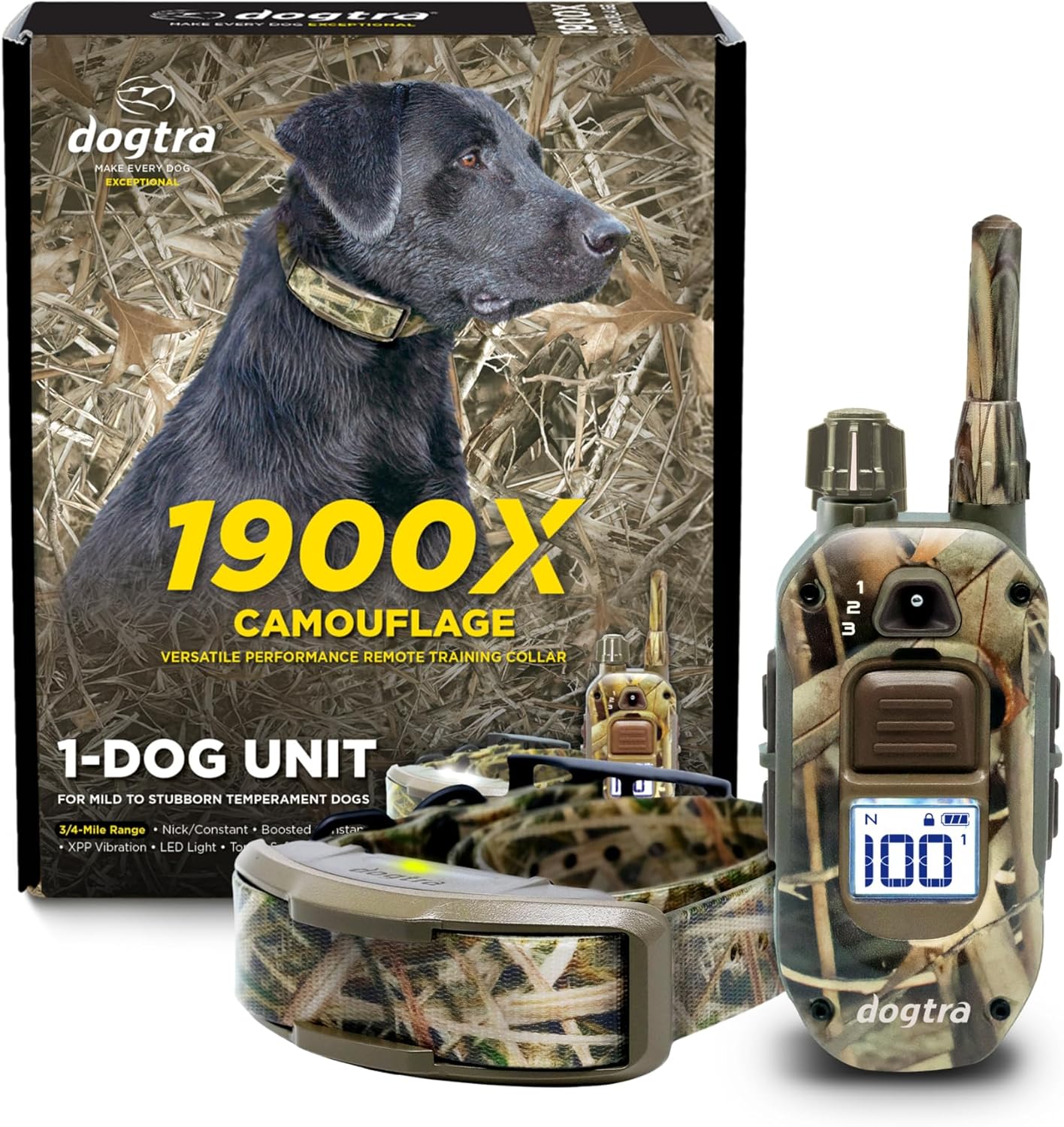 Dogtra 1900X Camouflage E-Collar – 3/4 Mile Range, Dogs 45 lbs+, IPX9K Waterproof, 100 Stimulation Levels, Vibration, Tone, Rechargeable – Ideal for Dog Owners and Professional Trainers