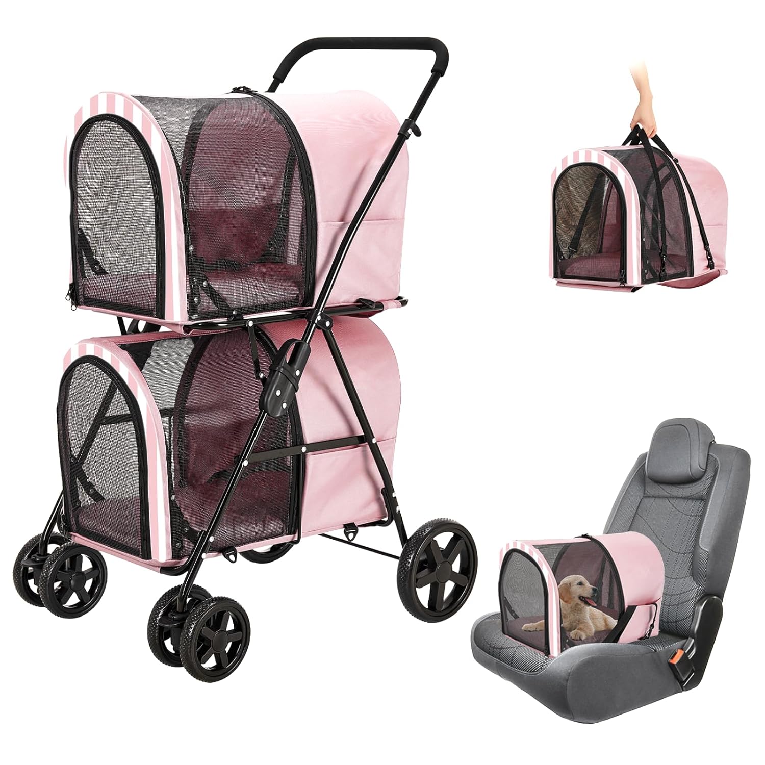 Double Pet Stroller for Dogs and Cats with 2 Detachable Carrier, Quick-Folding Dog Stroller for Medium Small Dogs Cats, 4 Wheels, Light Pink