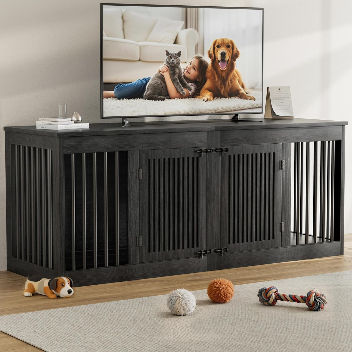Easycom 72″ Double Dog Crate Furniture, Heavy Duty Dog Kennel Indoor for 2 Large Dogs, Wooden Dog Cage w Removable Divider, Decorative Dog House as TV Stand, Dark Grey