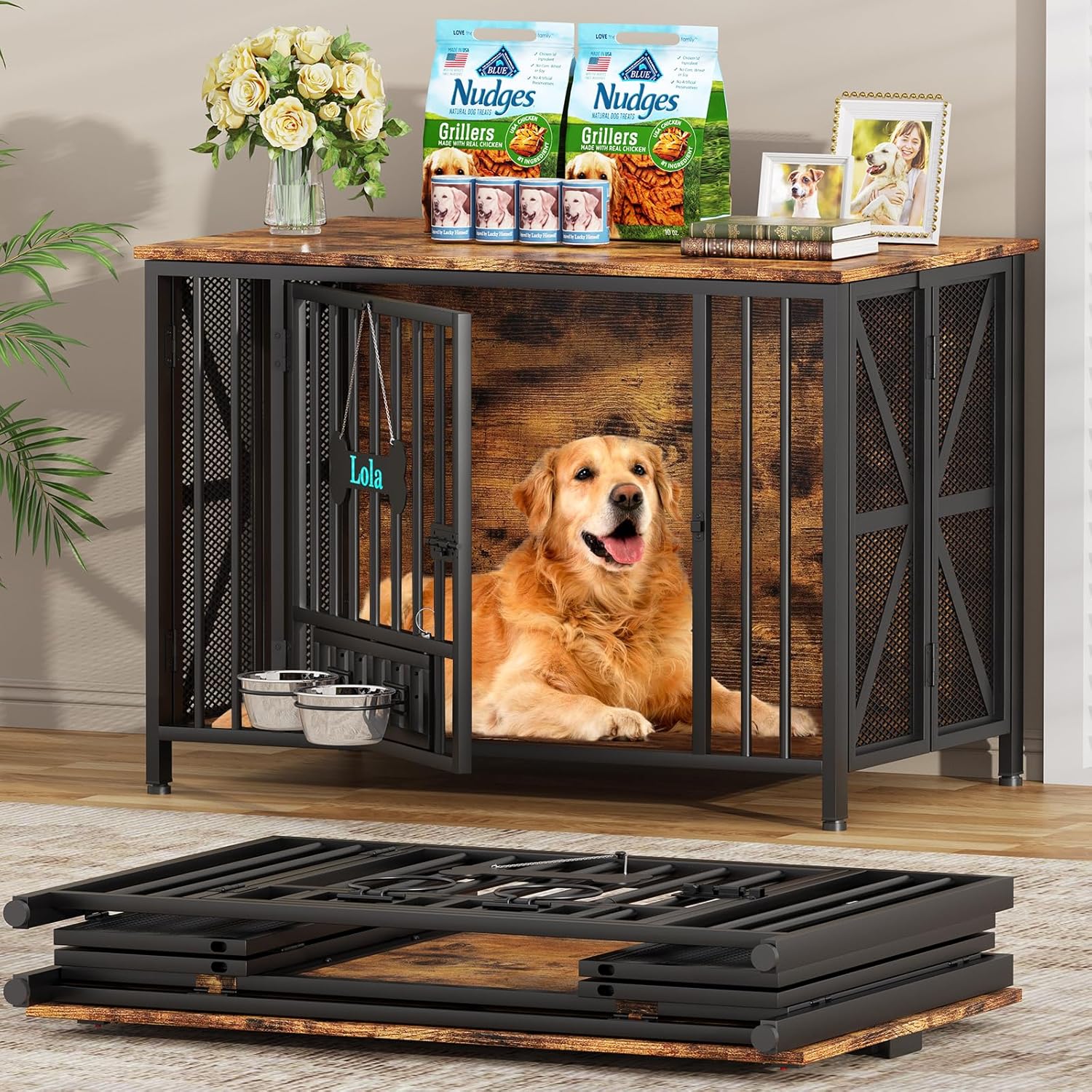 Easycom Foldable Large Dog Crate Furniture, 41.3″ Assembly-Free Dog Crates for Large Dogs, Wooden Dog Kennel Indoor with Tag & Dog Bowls, Dog Cage Use as TV Stand, Rustic Brown
