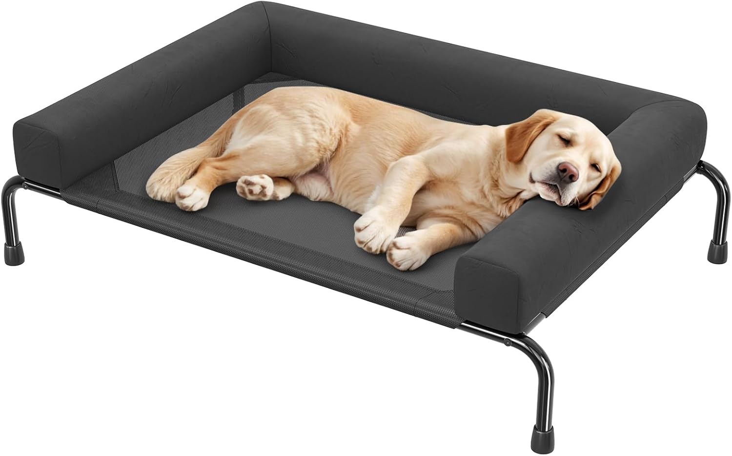 Ekisemio Elevated Dog Bed for Large Dogs, Cooling Raised Pet Cot with Breathable Mesh and Bolsters, Removable & Waterproof Outdoor Indoor Dog Bed, 47.75″ x 31″, Black