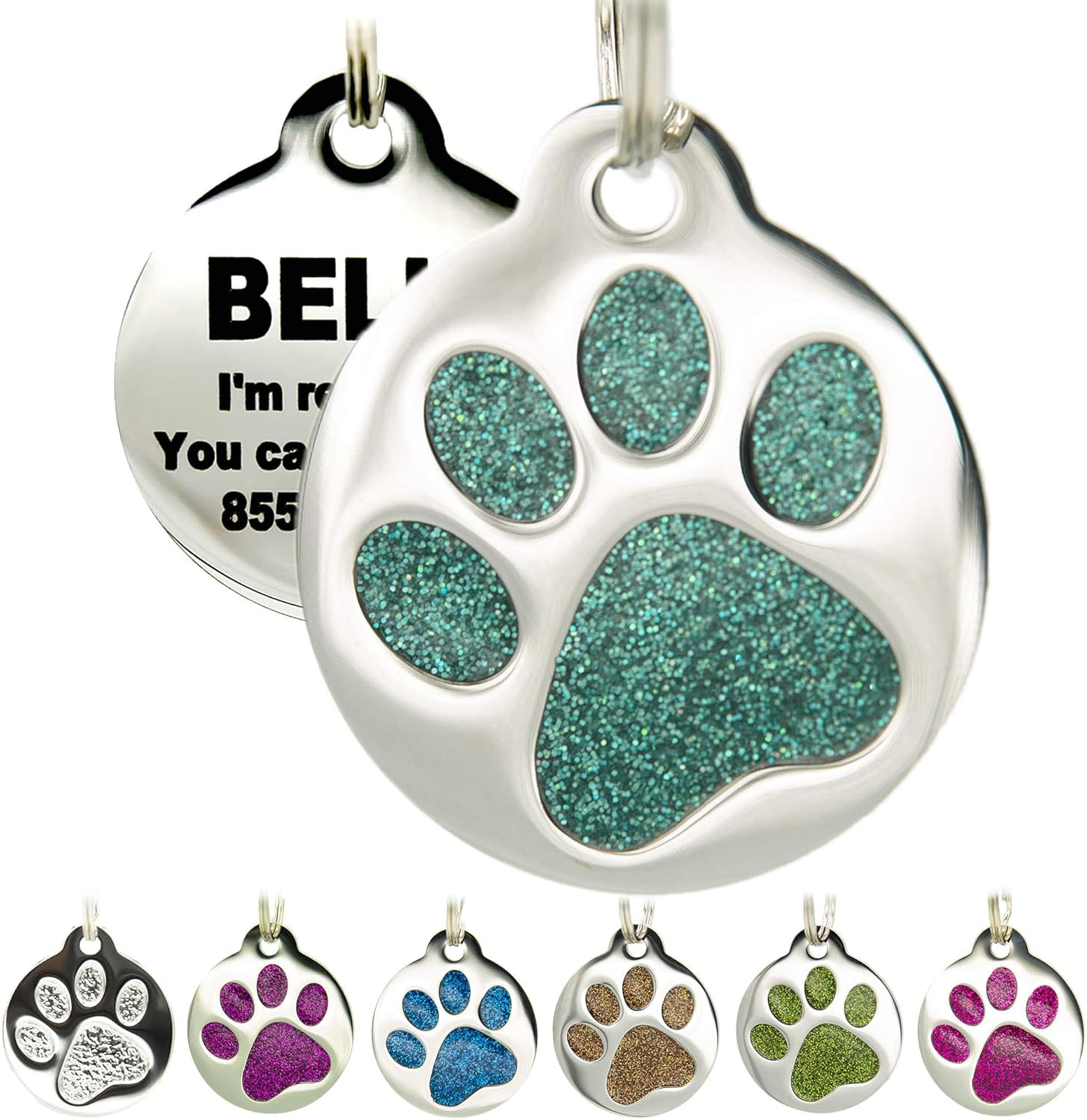 Engraved Pet Tag for Dogs & Cats – Personalized with 4 Lines of Custom Engraved ID, Round Paw Print Stainless Steel Enameled in 6 colors: Ocean Blue, Aquamarine, Deep Pink, Magenta, Pale Green, Amber