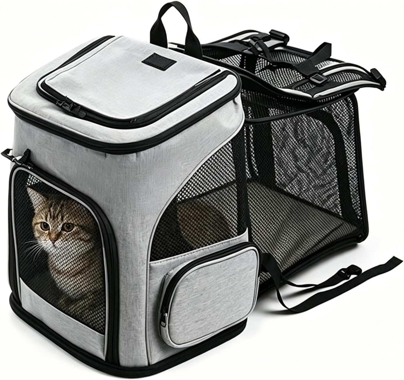 Expandable Cat Carrier Backpack, Large Soft Airline Approved Collapsible Pet Bag for Small Dogs Puppies Medium Cats, Breathable Portable Travel Bags for Hiking