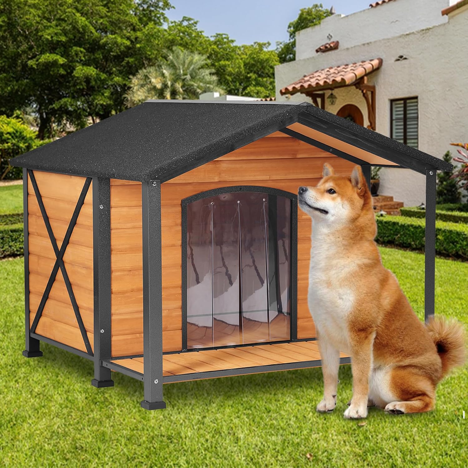 Extra Large Dog House Outdoor with Porch, Weatherproof Wooden Dog Kennel with Asphalt Roof & Full Iron Frame for Large Dogs
