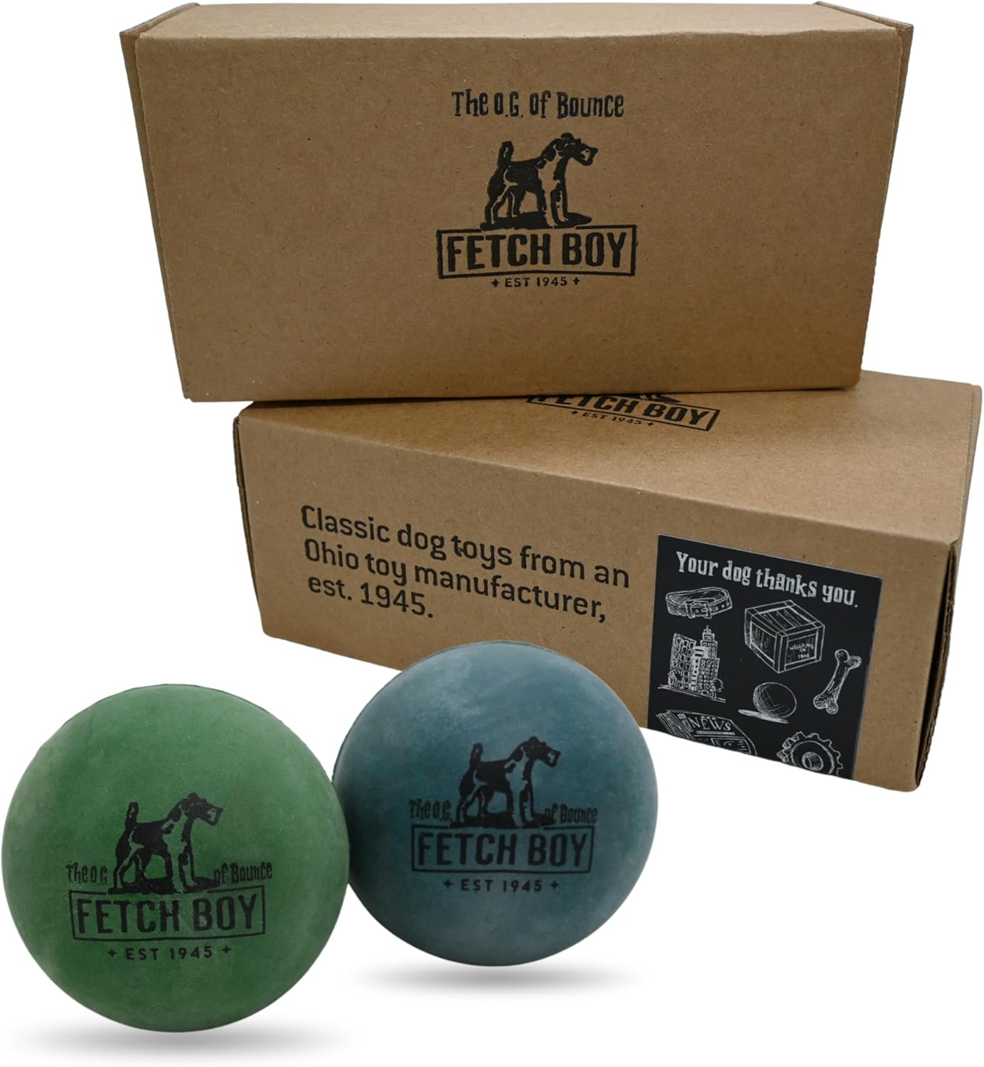 Fetch Boy The O.G. of Bounce Solid Sponge Rubber Dog Ball Toy, Made in USA, 2.5 inches, Fetching Breeds, 2 Pack Gift Box