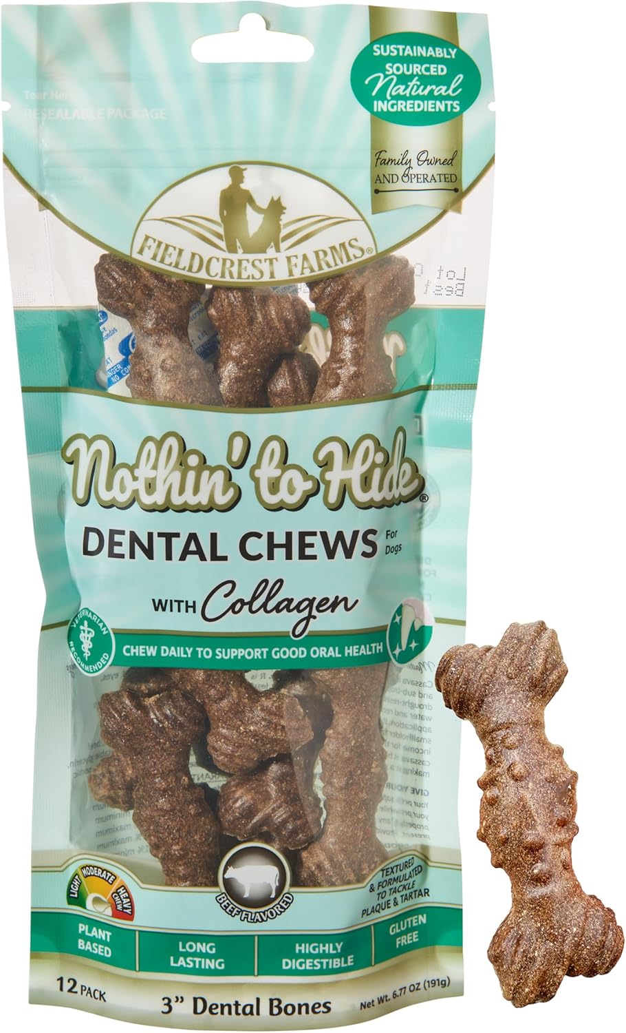 Fieldcrest Farms Nothin’ to Hide Dental Chews with Collagen – 3″ Beef‑Flavor Bones, 12‑Pack