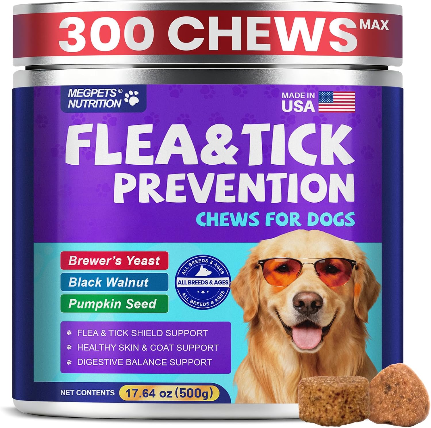 Flea and Tick Support for Dogs Chewable, 300 Soft Chews, Skin & Coat Support, Digestive Support, Chicken Flavor, All Breeds & Sizes