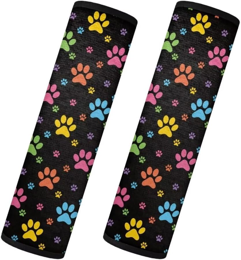 Fluffy Seat Belt Cover Pad Colorful Dog Paw Print Warm Cozy Shoulder Pads Set of 2 Soft Seatbelt Cushion-Universal Fit for Cars, Trucks&SUVs
