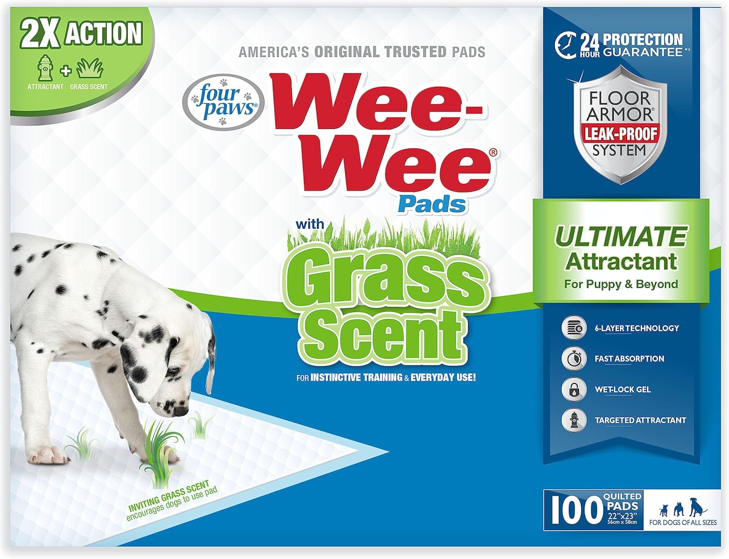 Four Paws Wee-Wee Ultimate Attractant Grass Scented Pee Pads for Dogs & Puppies, Leak-Proof Dog Housebreaking Instinctive Potty Training Floor Protection, 22″ x 23″, 10 Count