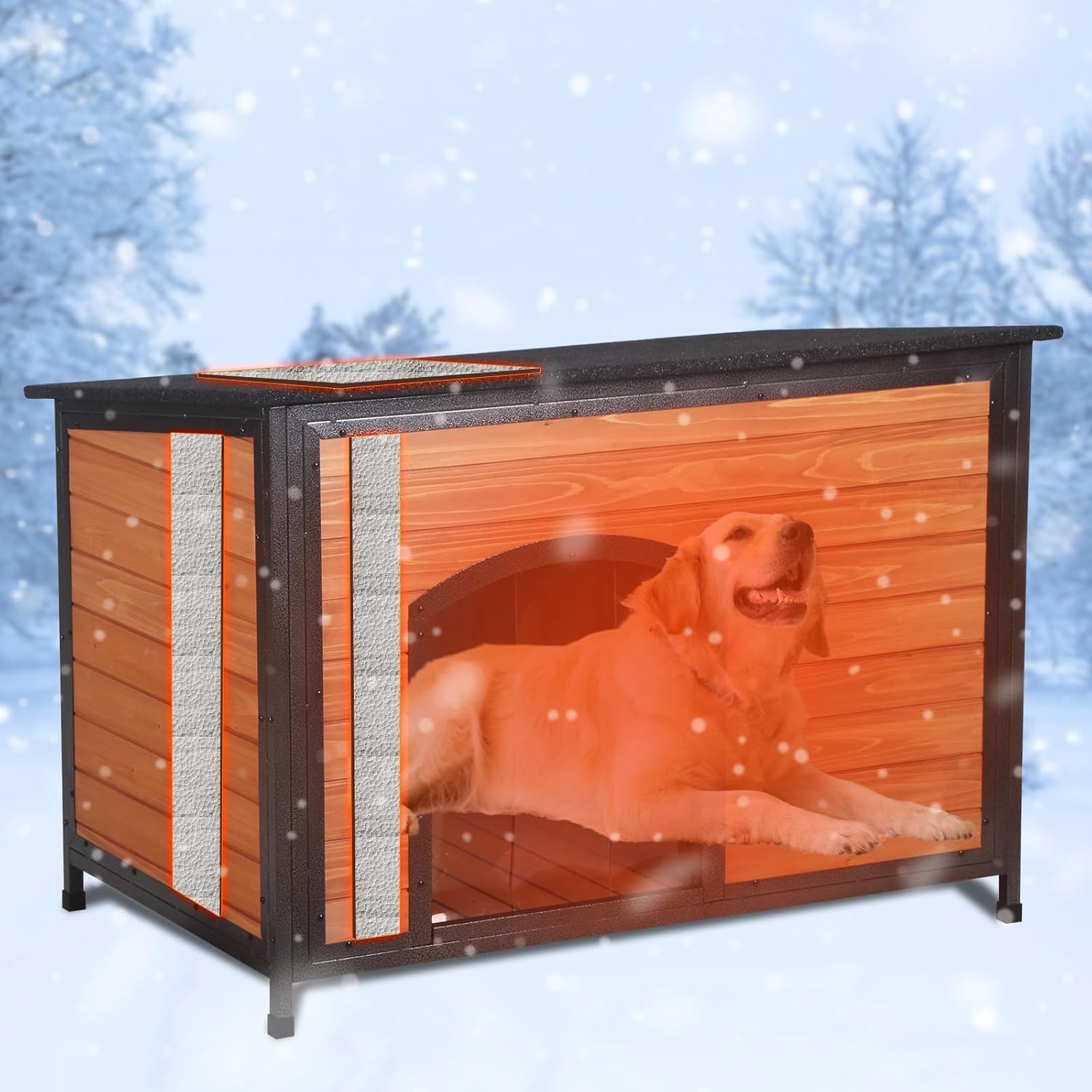 FunXplore Dog House Outdoor Insulated 43.3″ L Large Dog Kennel 6 Sides All-Round Foam Winter Weatherproof for Small Medium Large Dogs with Strong Metal Chew Proof Frame
