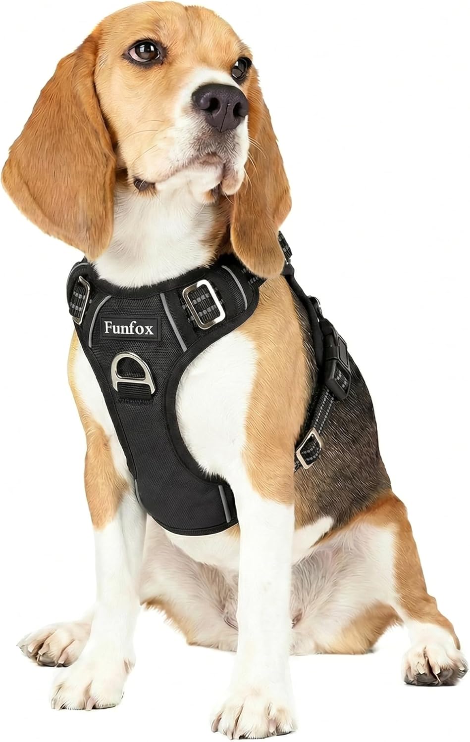 Funfox Dog Harness Medium Sized Dog, Vertical Handle Easy Control, No Pull Pet Vest Adjustable with 2 Leash Clips, Soft Material, Reflective Safe Night Walking for Small Medium Large Breed, Black, M