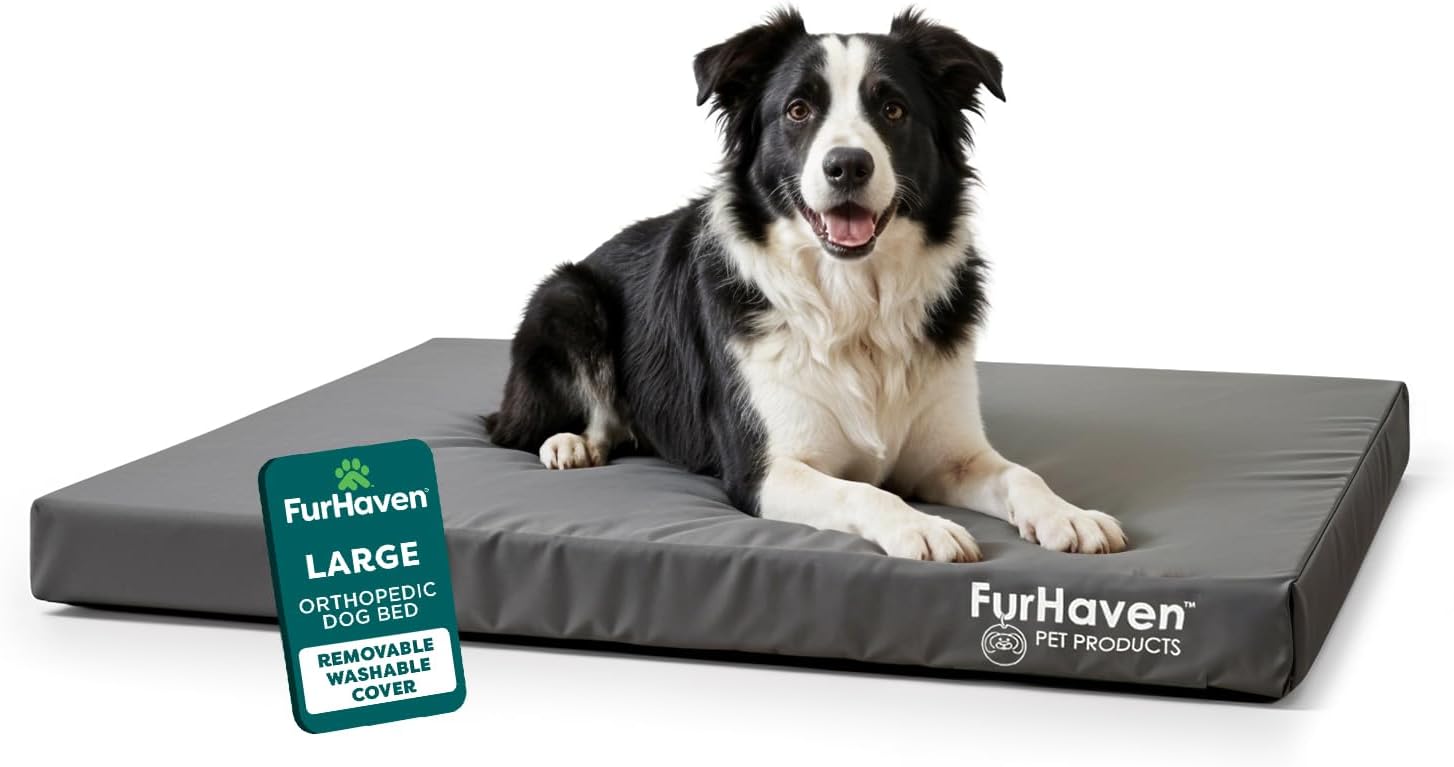 FurHaven Water-Resistant Orthopedic Dog Bed for Large Dogs, Oxford Polycanvas Mattress with Egg Crate and a Solid Orthopedic Foam Base for Joint Support, Washable Cover, Large, Stone Gray