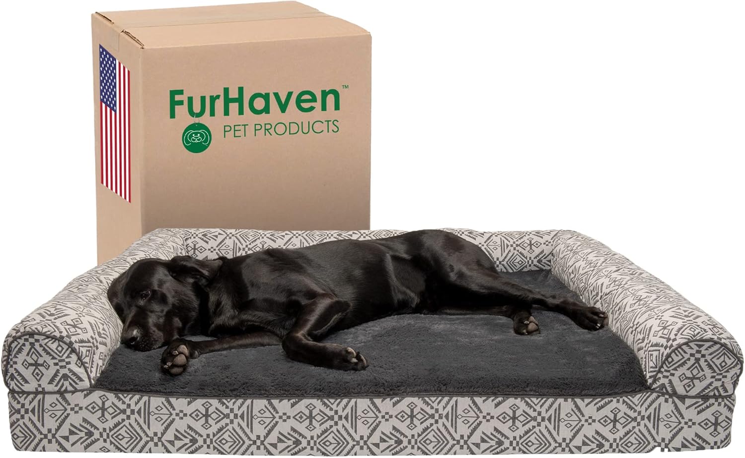 Furhaven Orthopedic Dog Bed for Large Dogs w/ Removable Bolsters & Washable Cover, For Dogs Up to 125 lbs – Plush & Southwest Kilim Woven Decor Sofa – Boulder Gray, Jumbo Plus/XXL