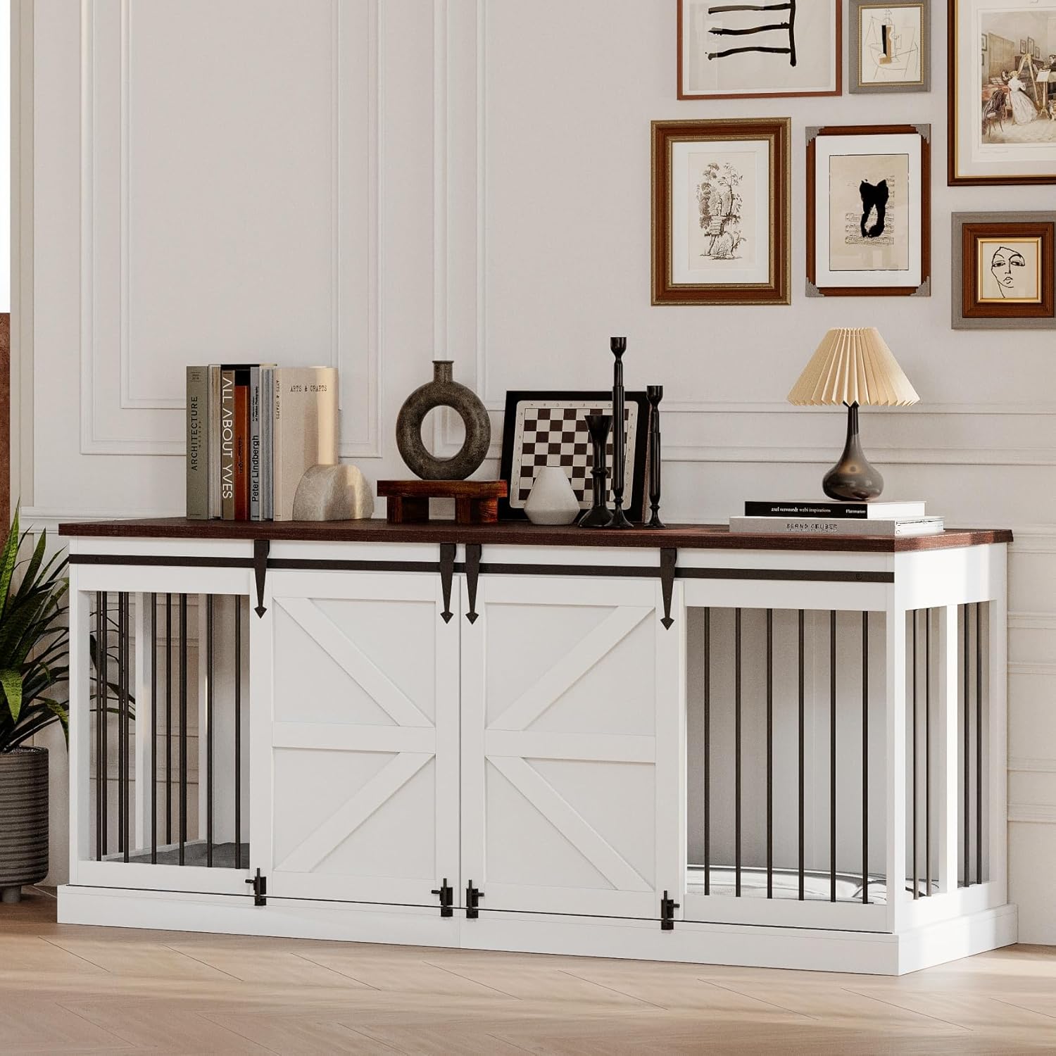 Furniture Style Dog Crate – Indoor Wooden Dog Kennel Furniture with Double Sliding Barn Doors and Room Divider – 71”x23.6”x32”H, White