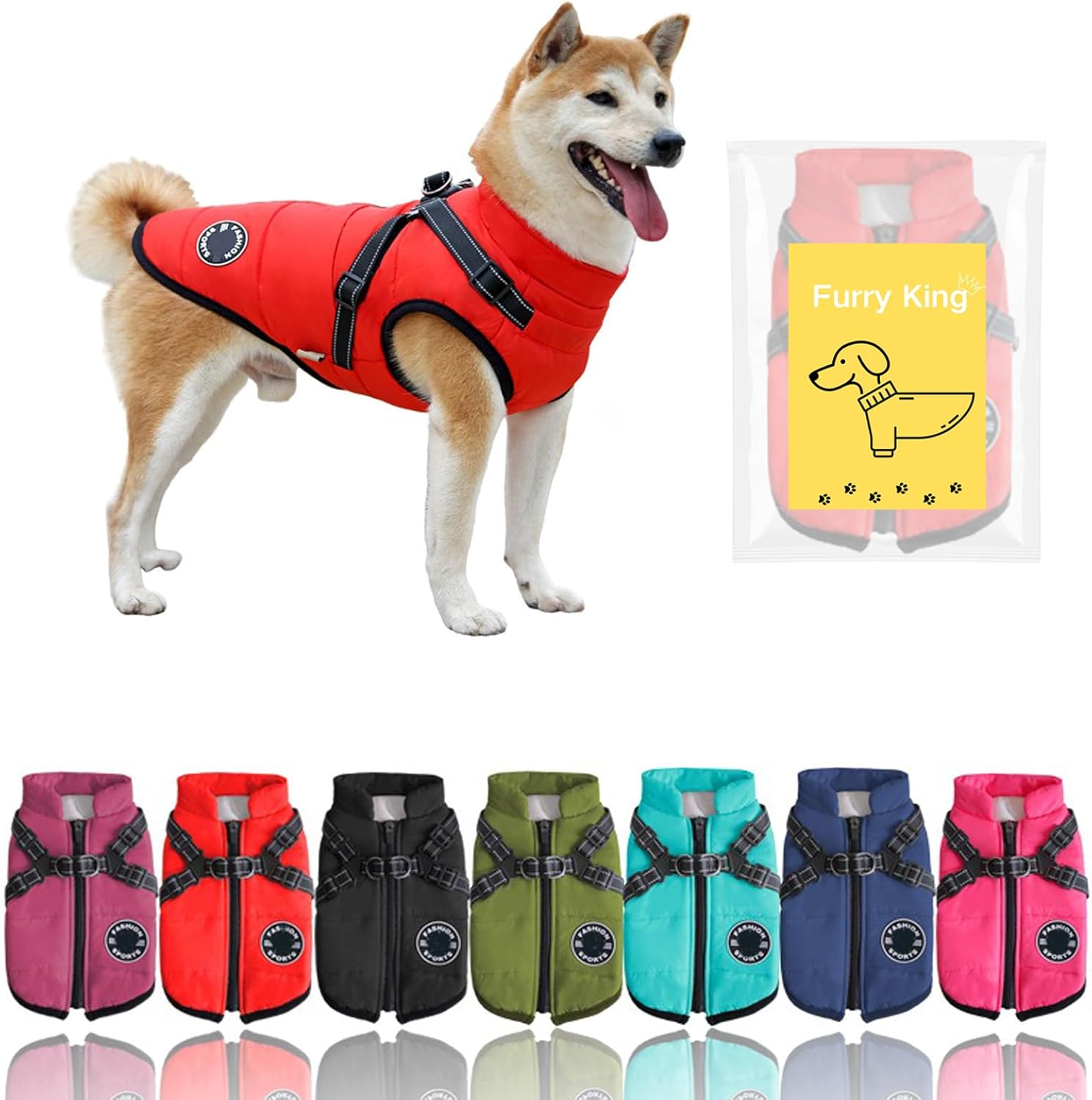 Furry King Dog Winter Coat with Harness, 7 Colors, Waterproof, Fleece Lined. (Red, Medium)