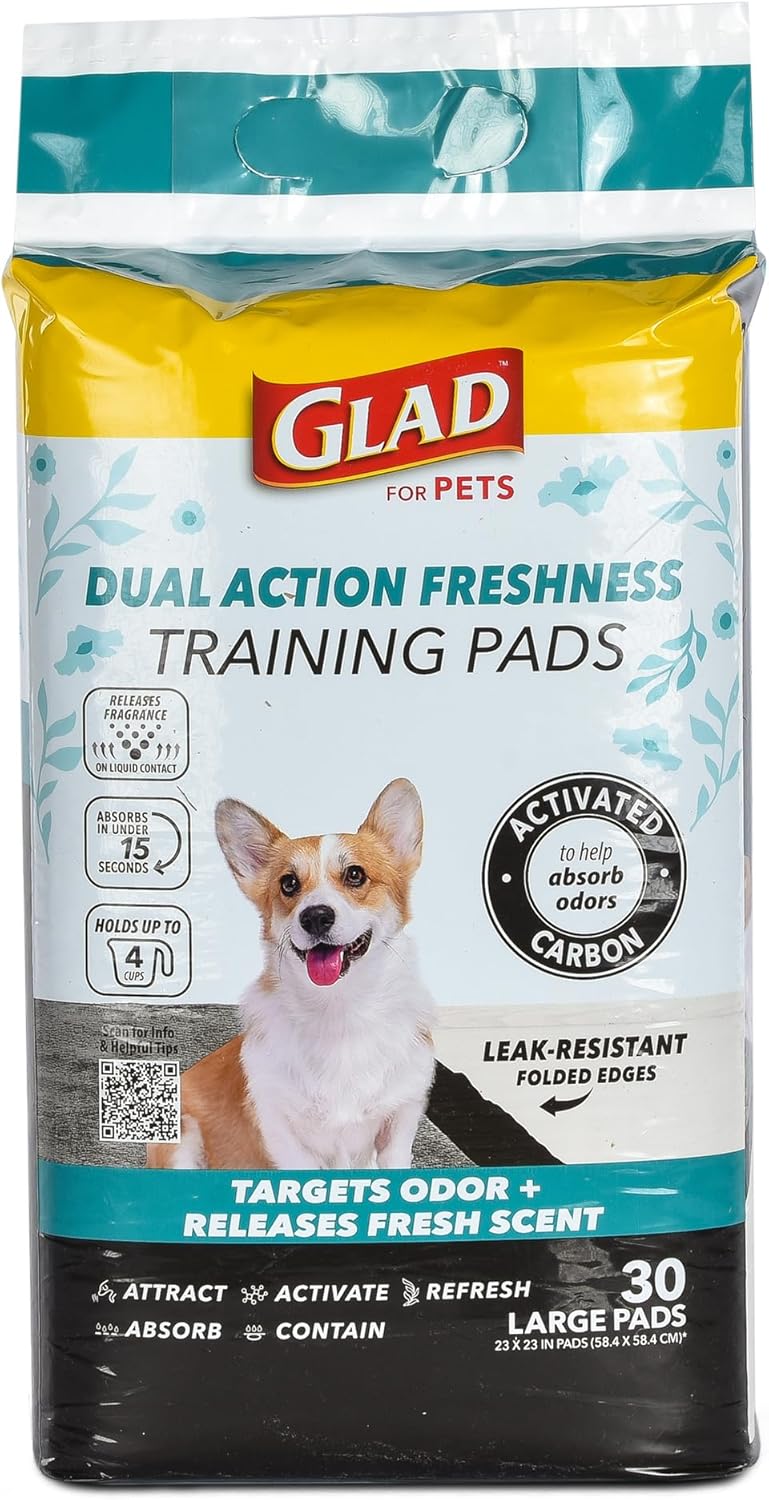 Glad for Pets Dual Action Freshness Activated Carbon Puppy Training Pads with Fragrance Release, Scented Pee Pads, Ultra Absorbent, Odor Control. 23″x23″ 30ct